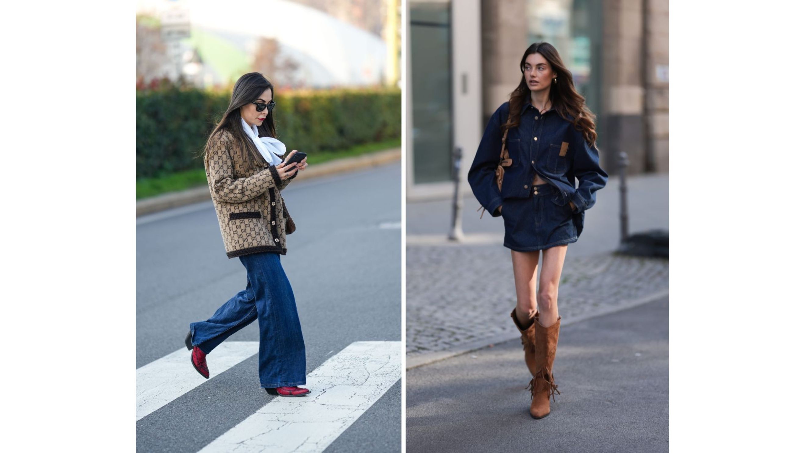 Street Style all’esterno della sfilata di Gucci durante la Settimana della Moda Uomo di Milano Autunno/Inverno 2023/2024, il 13 gennaio 2023 a Milano, Italia ; Street Style, Celine Bethmann con una una camicia oversize in denim blu scuro e minigonna coordinata a vita alta firmata Cie Cie, 21 marzo 2025 a Berlino, Germania - Credits: Getty Images