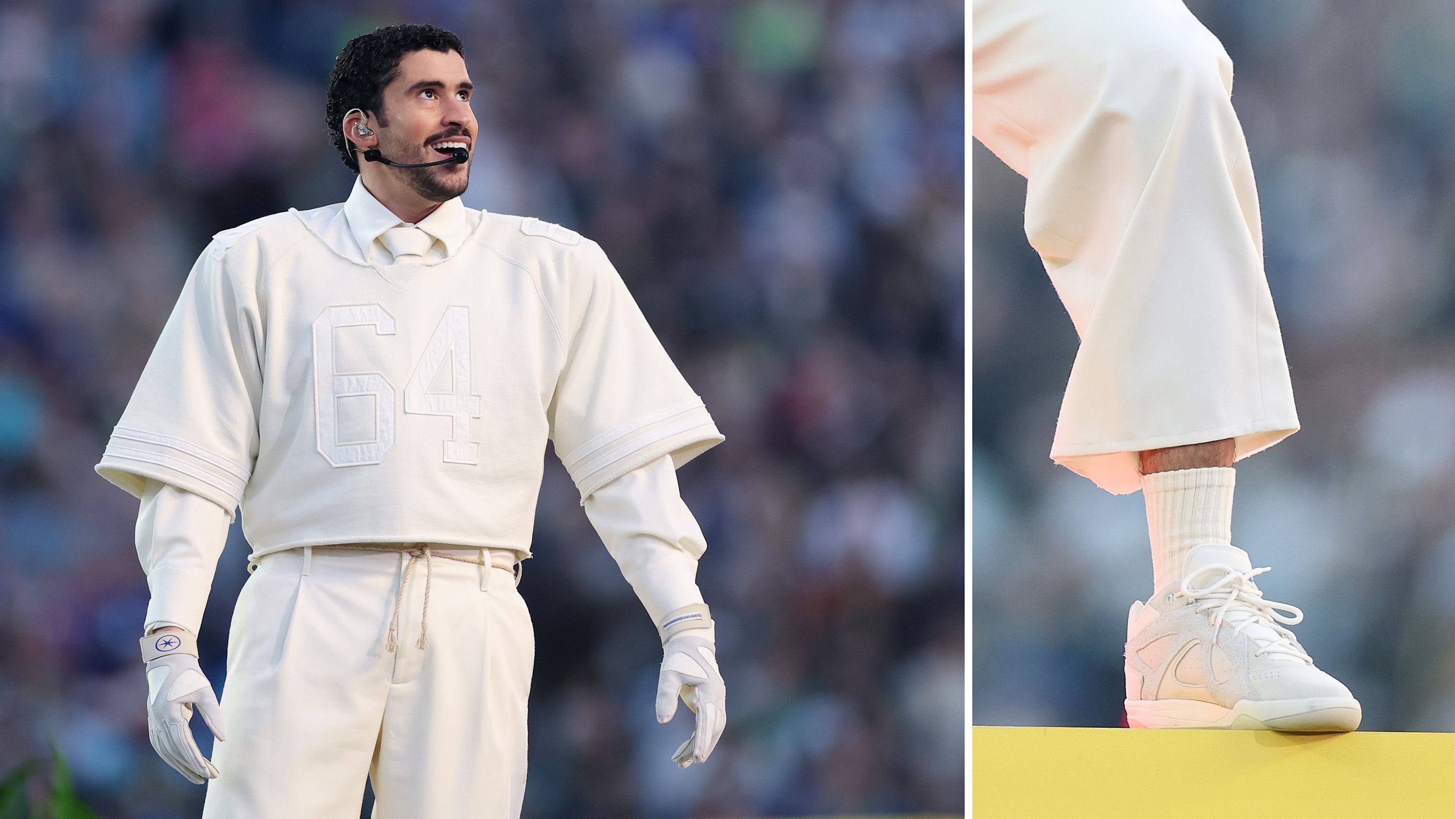 Il look total cream Zara portato in scena da Bad Bunny, che si è esibito indossando il modello speciale di sneakers tono su tono Adidas “BadBo 1.0”, Super Bowl 2026, Levis’ Stadium di Santa Clara, California - Credits: Getty