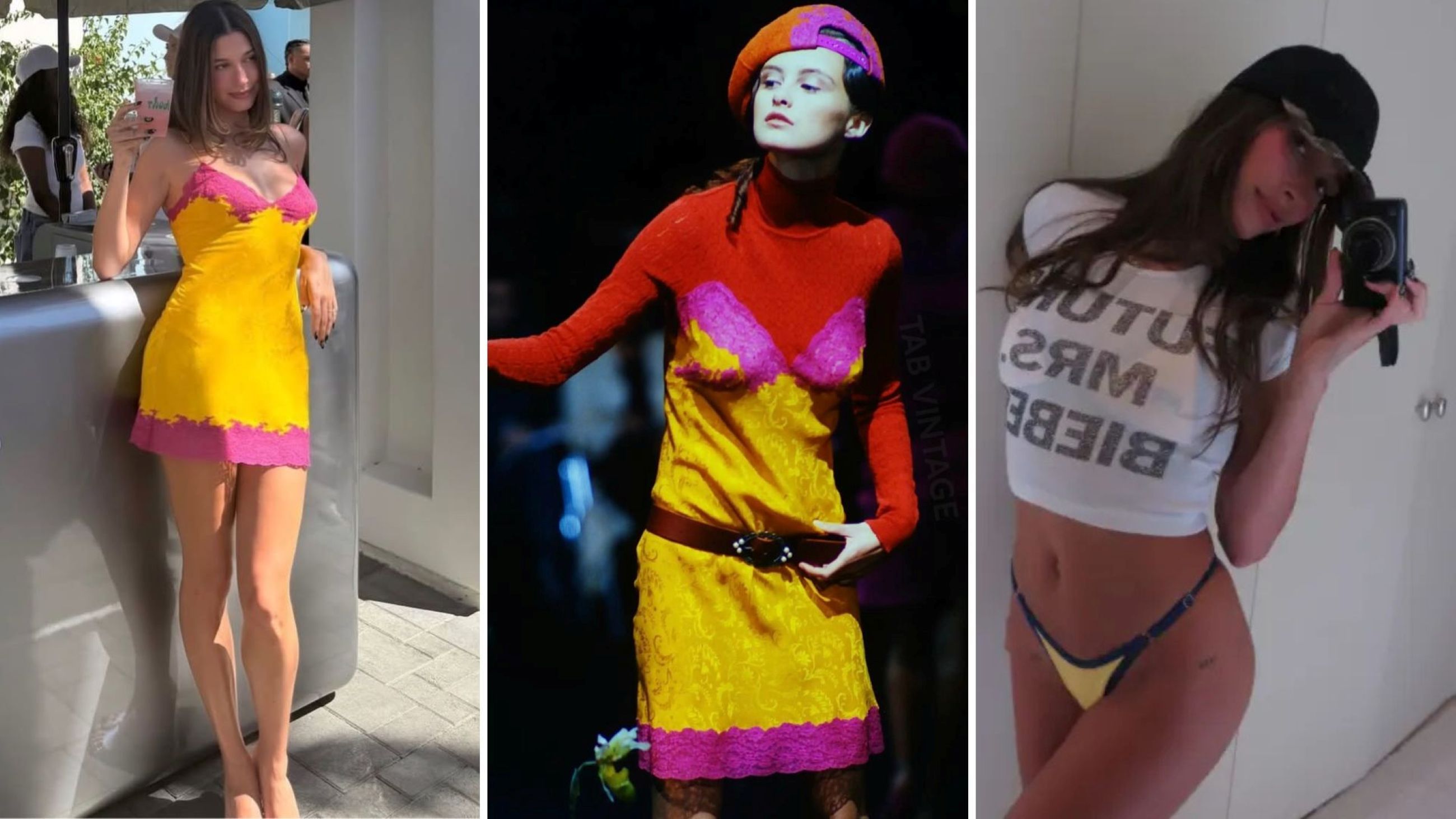 Hailey Bieber al Coachella 2026; Christian Dior 1998; Hailey Bieber con maglia “Future Mrs. Bieber” - Credits: Profilo Instagram @TABVINTAGE; Profilo Instagram Hailey Bieber