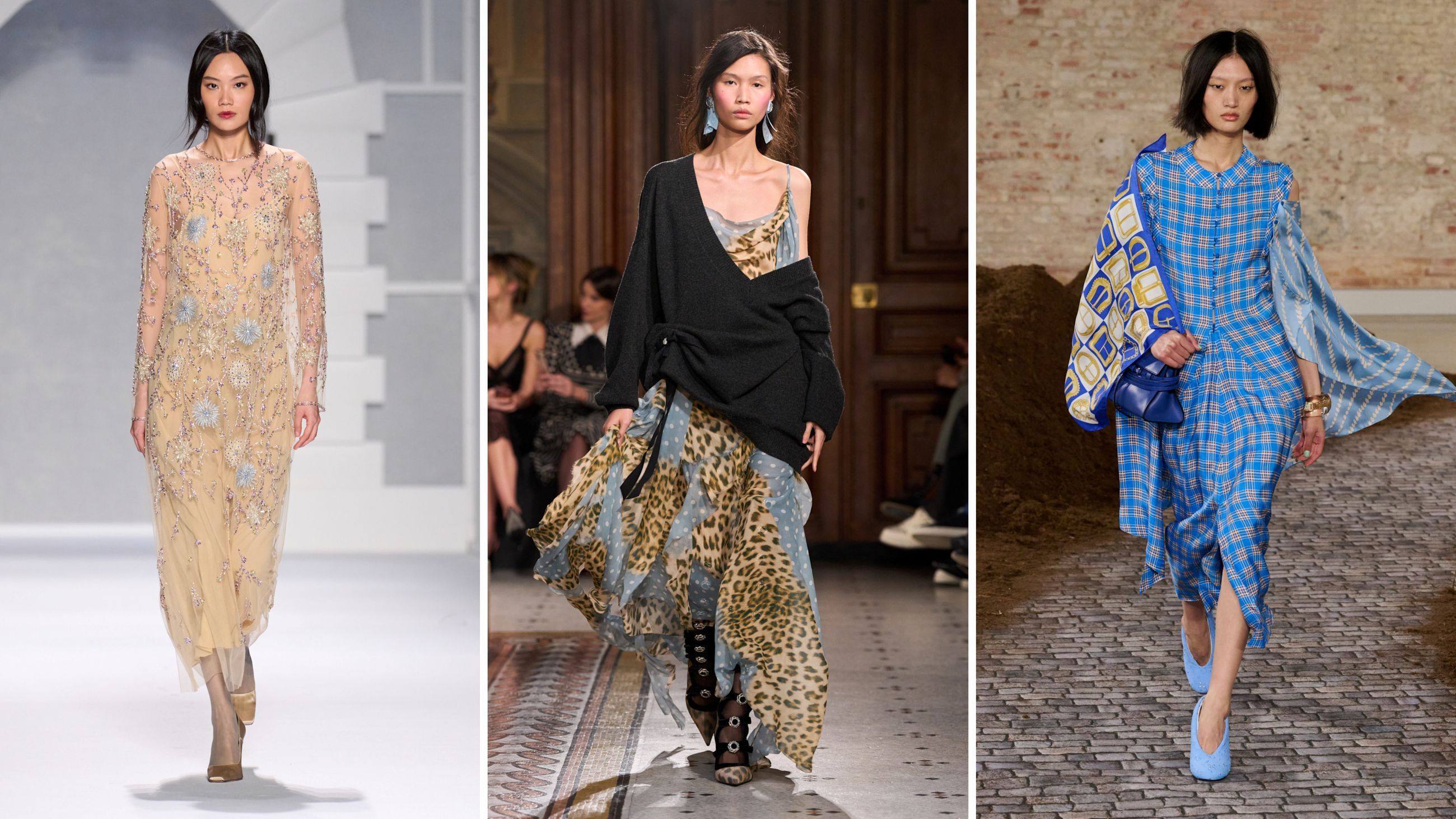 Dalle sfilate FW26: da sinistra Laura Biagiotti; Nina Ricci; Moschino - Credits: Launchmetrics.com/Spotlight