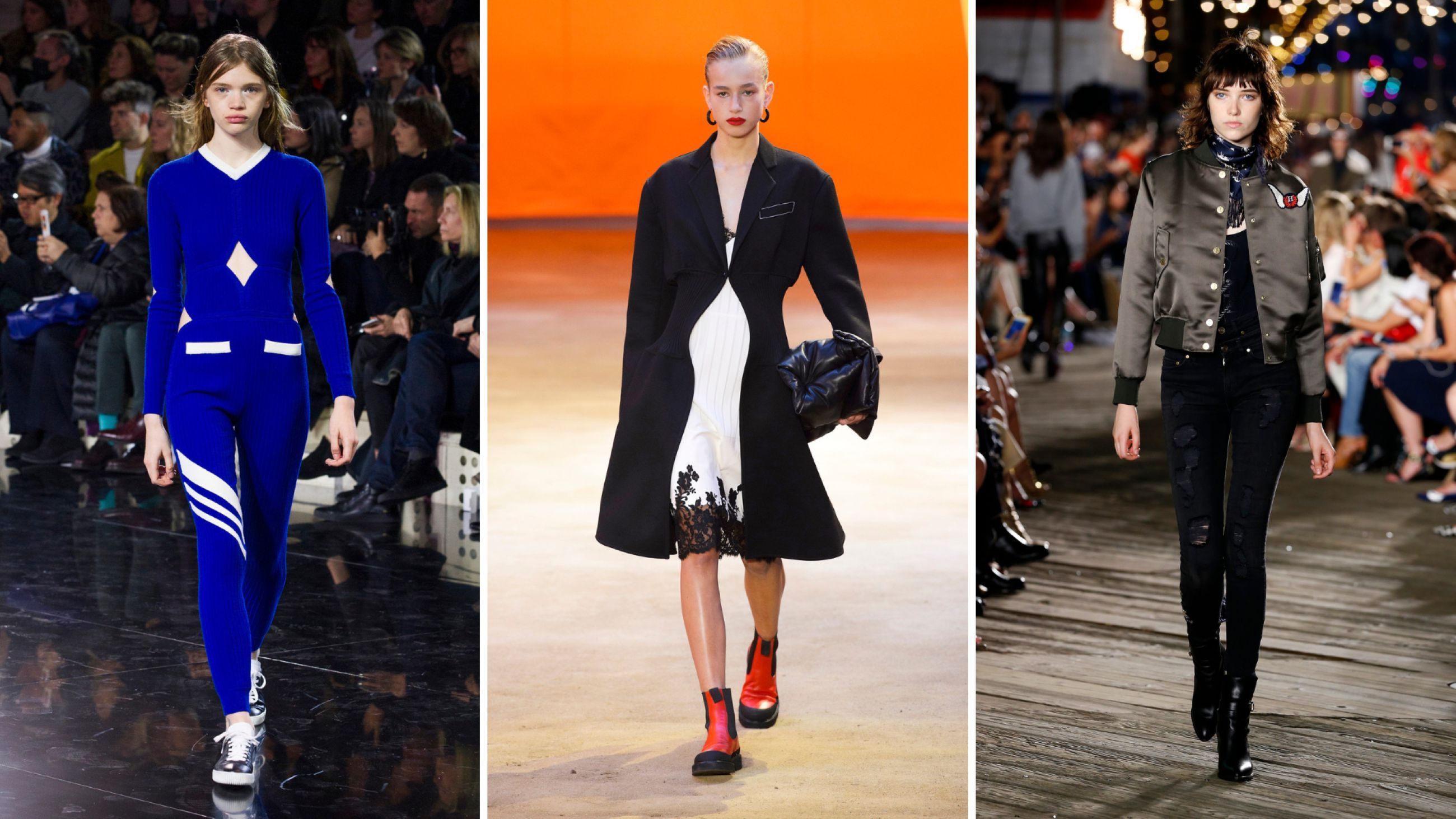 Da sinistra: Courreges SS16 - Credits Launchmetrics.com/Spotlight; Celine SS16 - Credits Launchmetrics.com/Spotlight; Tommy Hilfiger SS16 - Credits Getty Images