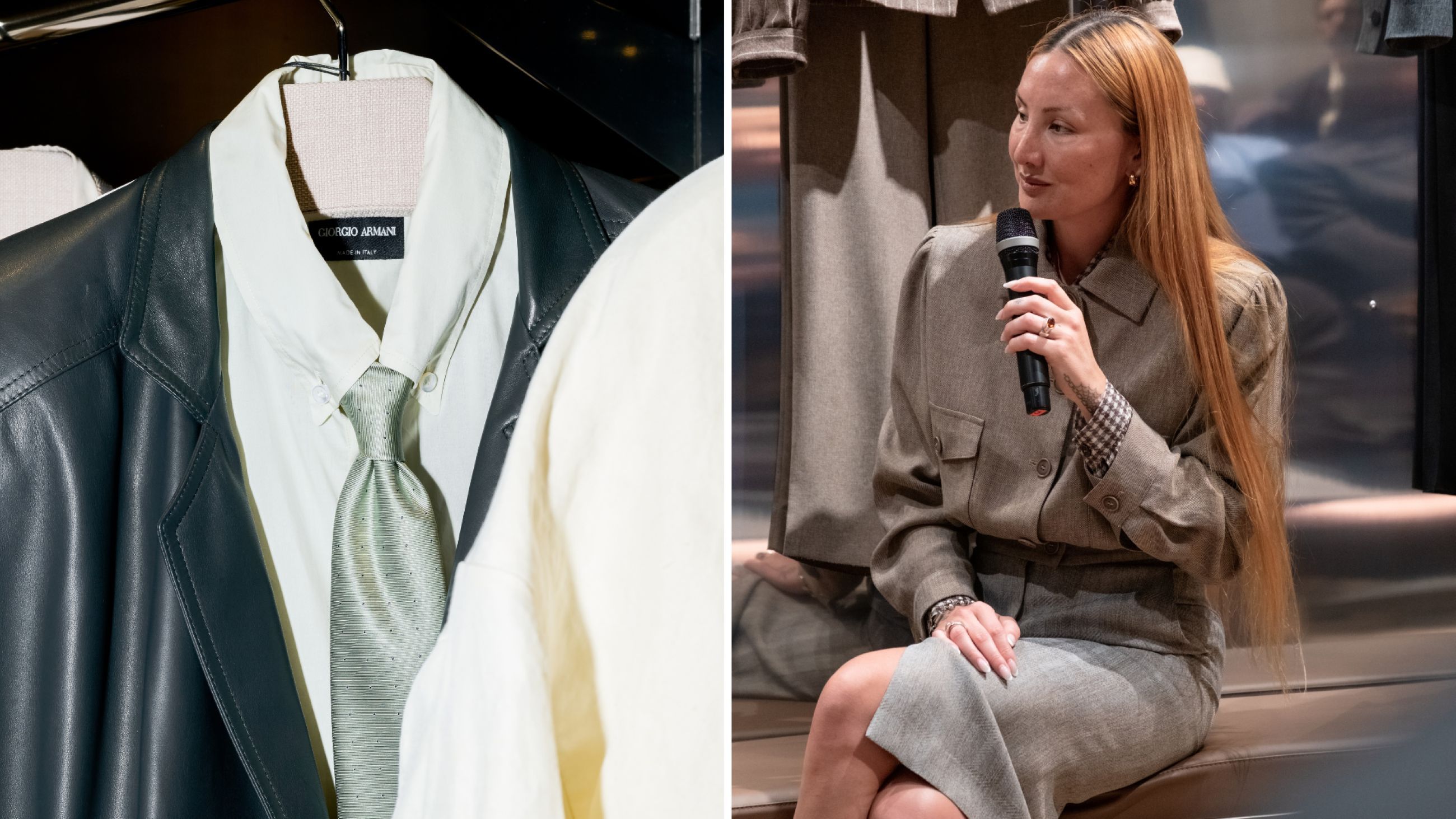 Da sinistra: La costume designer Miyako Bellizzi indossa un look parte delle riedizioni di ARMANI/Archivio: un giacchino corto ispirato al workwear maschile degli anni ‘50 e una pencil skirt in tessuti sartoriali - Courtesy Armani Press Office; Tra giacche e dintorni, il secondo capitolo ARMANI/Archivio è stato dedicato alla riedizione di 13 look Giorgio Armani creati tra il 1979 e il 1994. Un tema, quello della ricerca tra archivi e collezioni vintage che è parte integrante del lavoro del costume designer, come racconta Miyako Bellizzi nella nostra intervista - Courtesy Armani Press Office