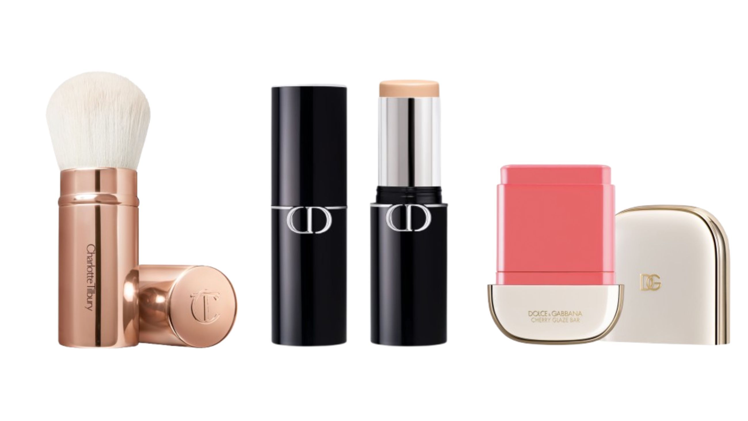 Da sinistra: Charlotte Tilbury, The Air-Brush; Dior, Dior Forever Skin Perfect; Dolce & Gabbana, Cherry Glaze Bar - Courtesy Press Office