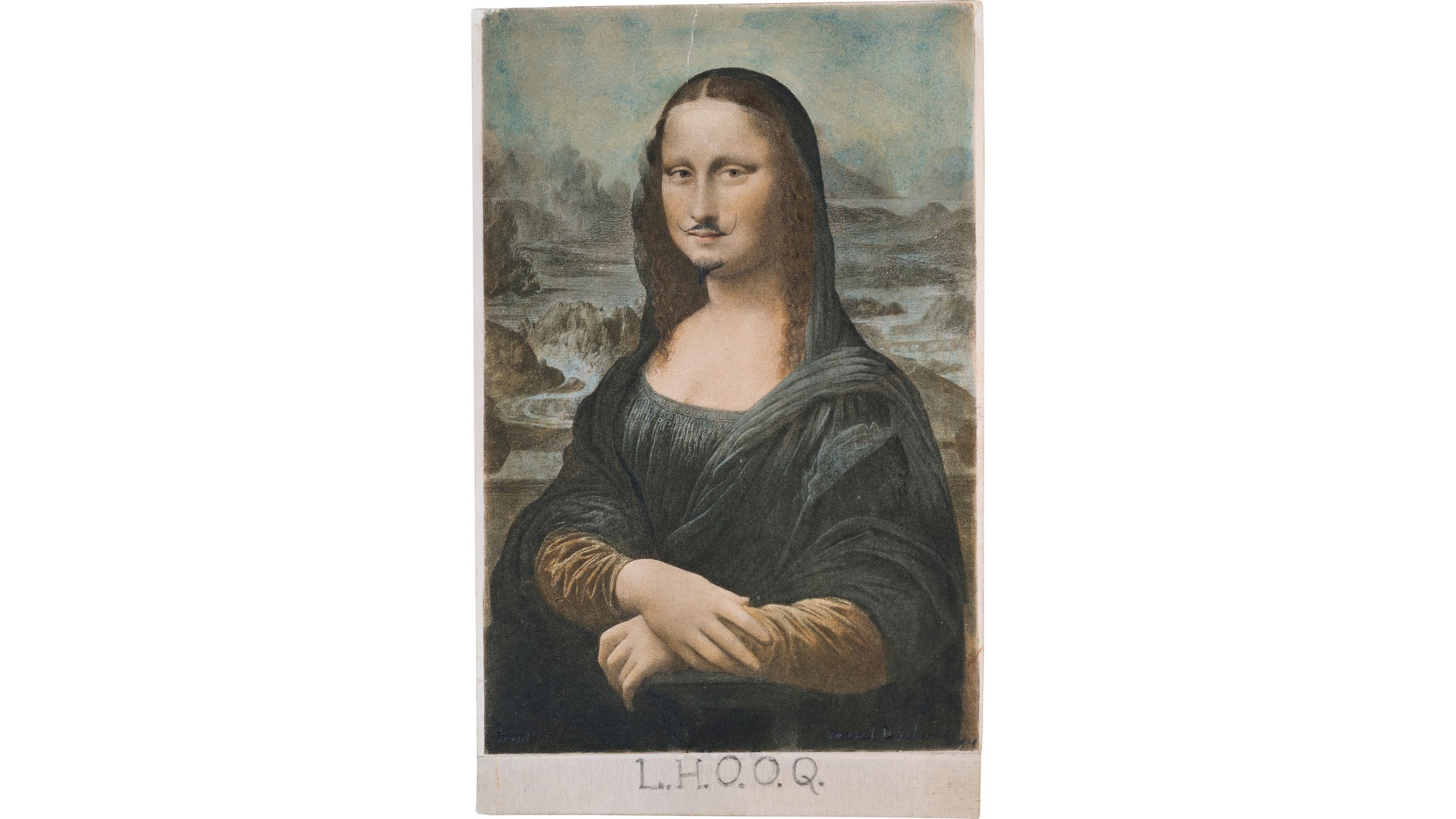 Marcel Duchamp. L.H.O.O.Q., 1919. Pencil on reproduction of Leonardo da Vinci’s Mona Lisa, 7 ¾ x 4 ⅞” (19.7 x 12.4 cm). Private Collection - Courtesy Press Office