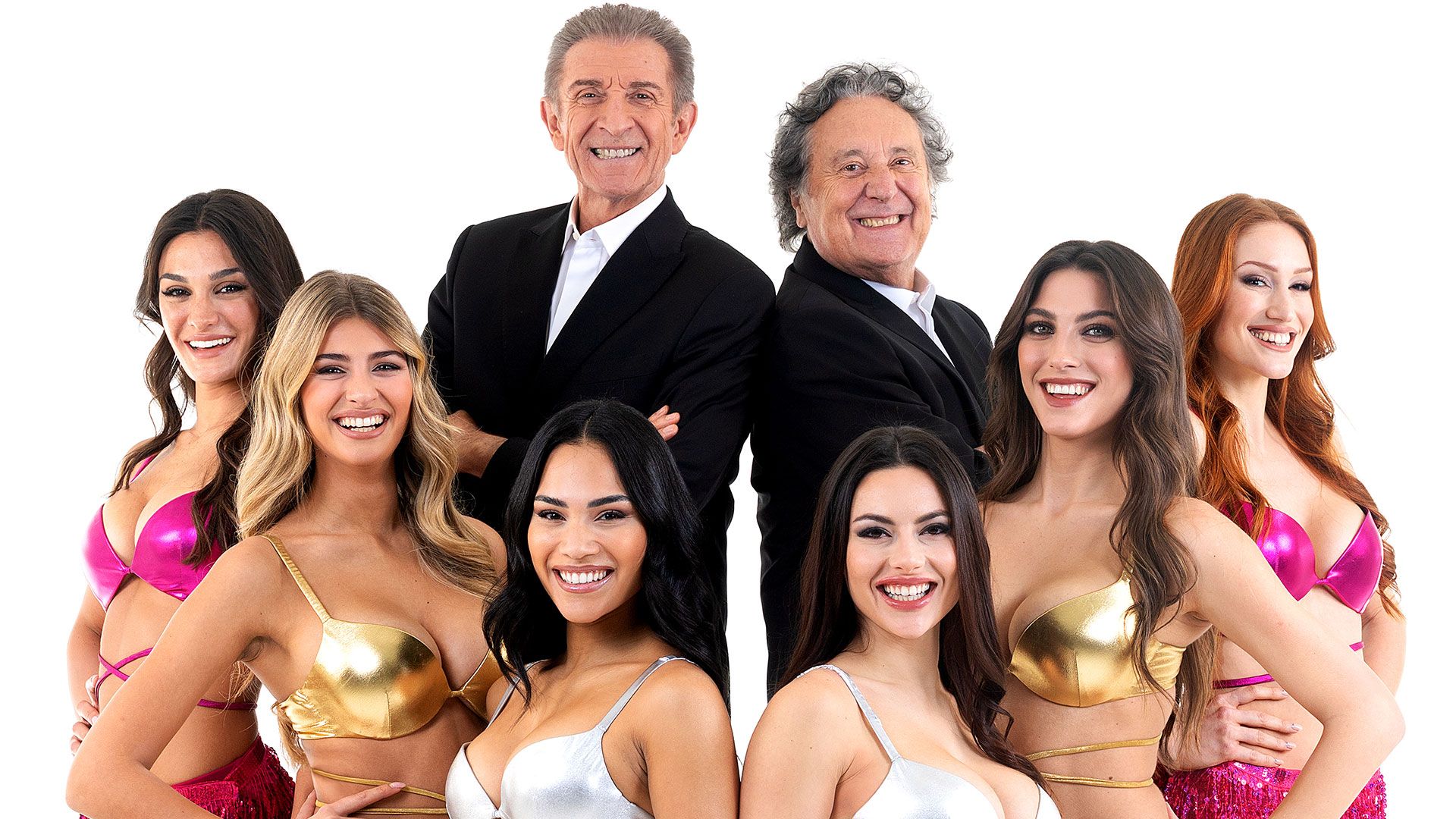 Ezio Greggio, Enzo Iacchetti, e le Veline Lavinia Circeo, Lara Granata, Alessia Anzioli, Virginia-Stablum, Nausica Marasca e Ginevra Festa