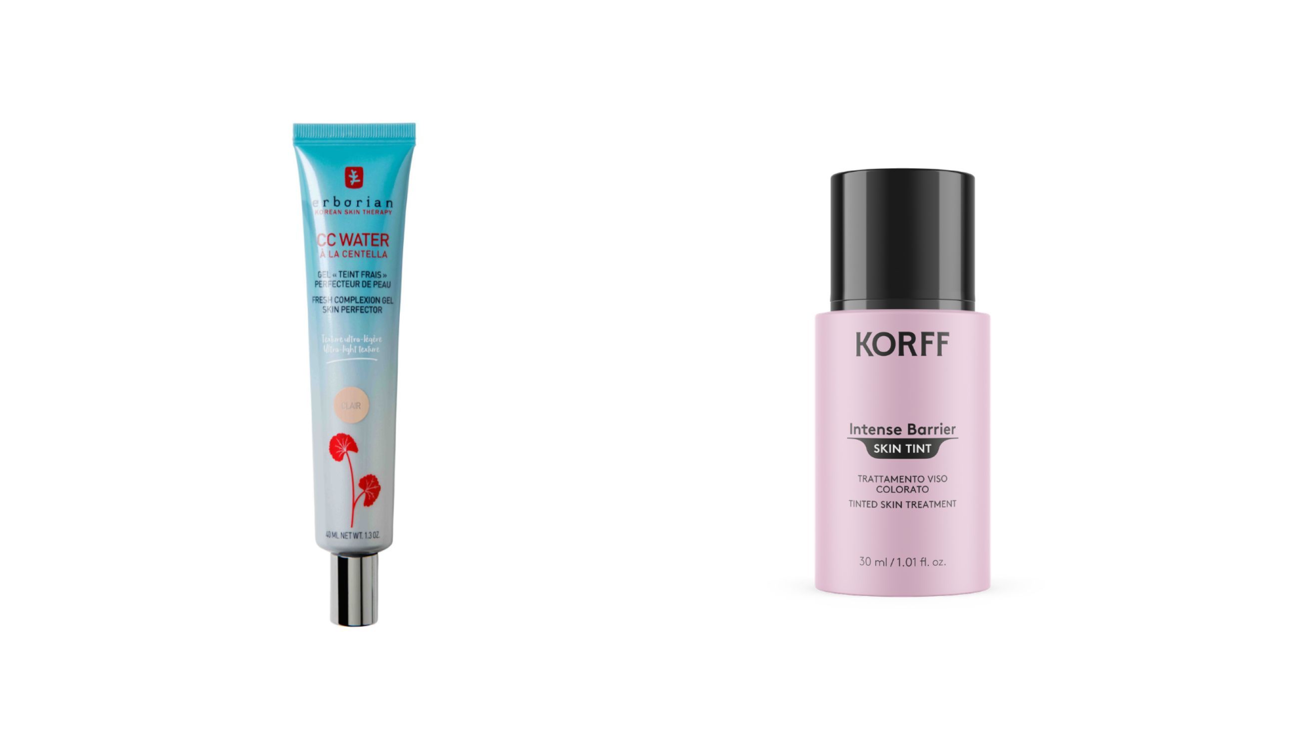A sinistra: Erborian, CC Water Skin Tint A destra: Korff, Intense Barrier Skin Tint - Courtesy Press Office