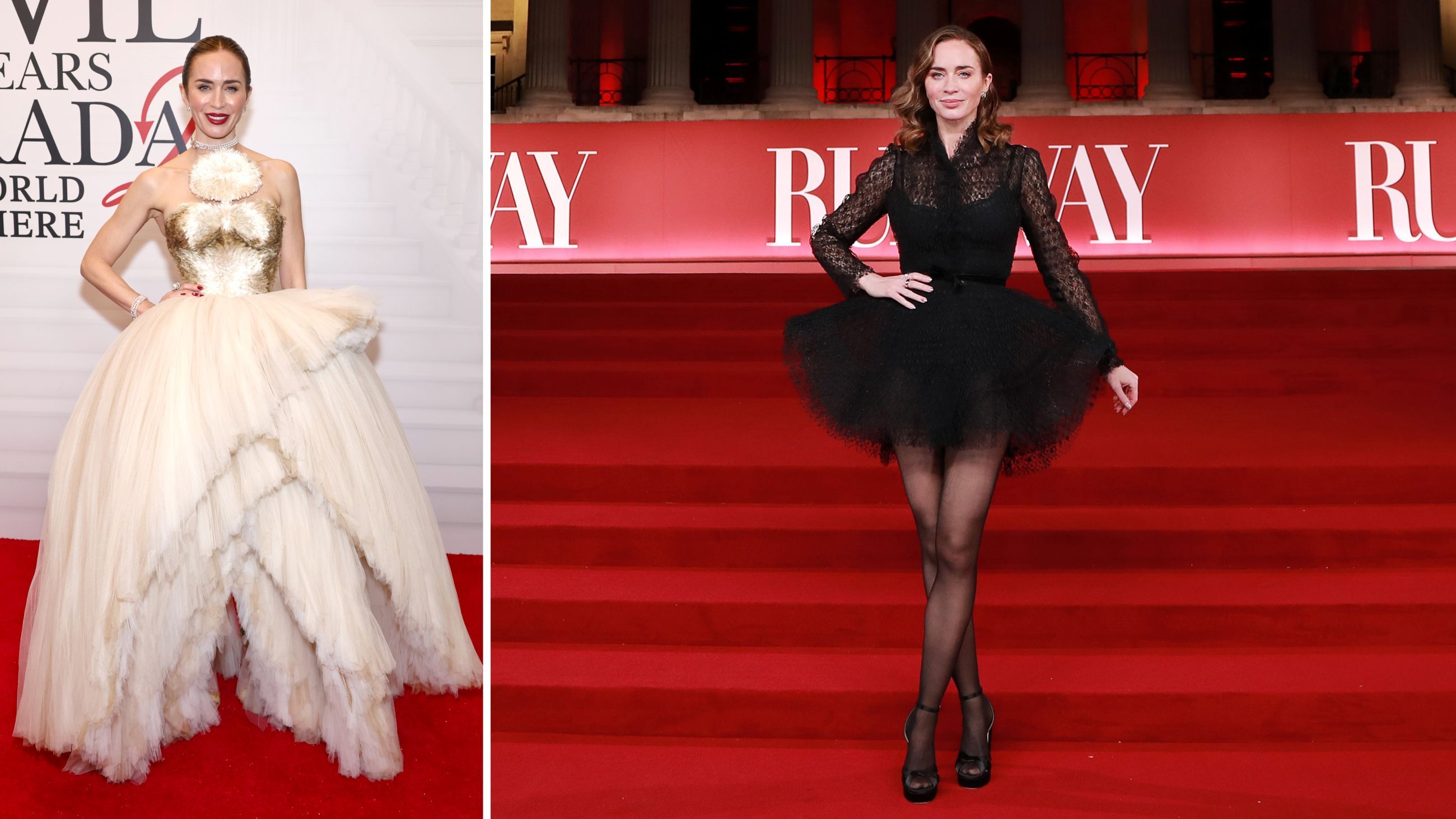 L’attrice Emily Blunt, a sinistra, durante la prima de “Il Diavolo veste Prada 2”, a New York, il 20 aprile 2026; a destra, davanti alla National Gallery di Londra per l’evento “A Night With Runway” organizzato per l’uscita del film, il 22 aprile 2026 – Credits: Getty Images
