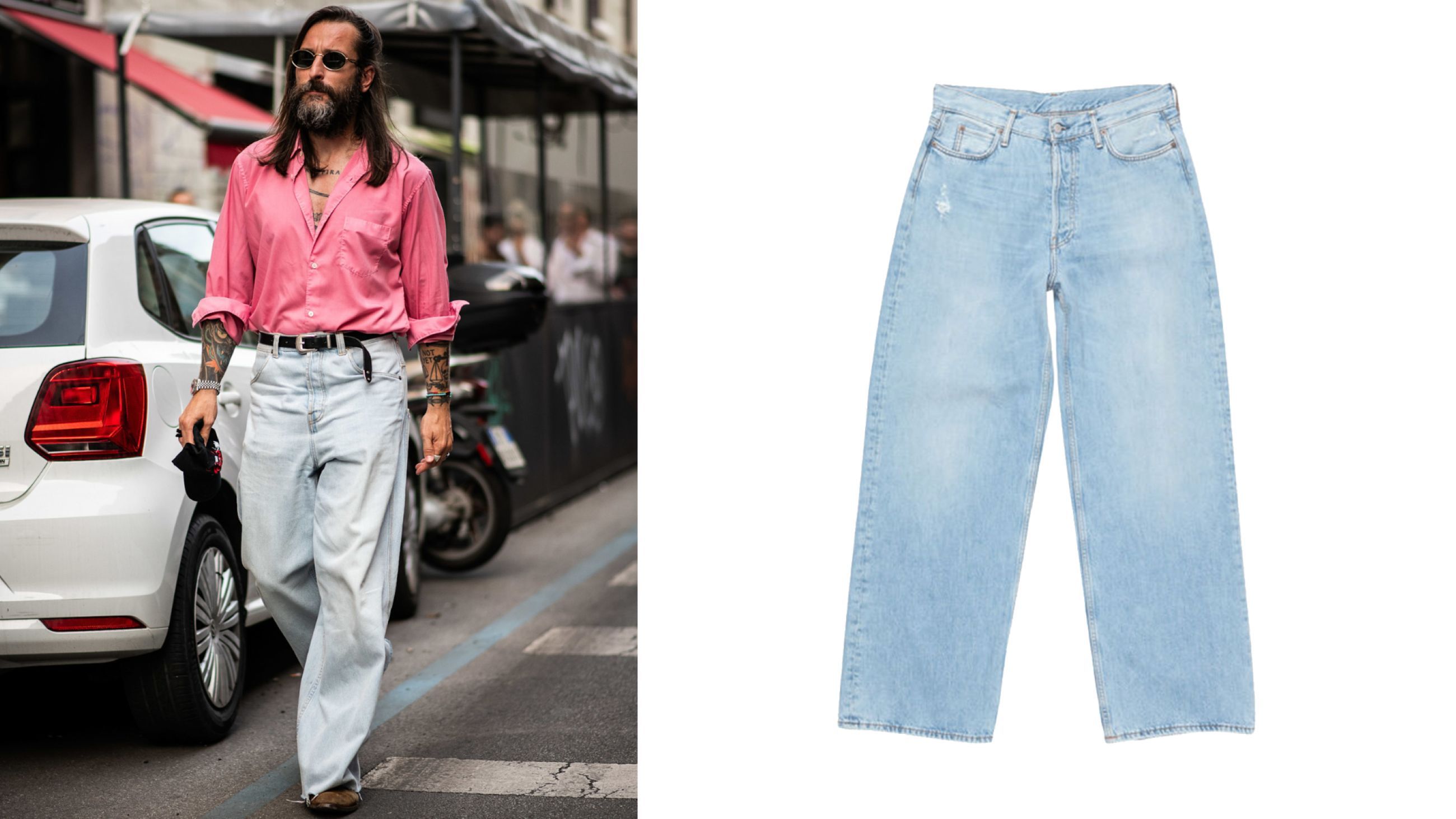 Da sinistra: Credits Launchmetrics.com/Spotlight; Jeans con lavaggio effetto vintage, Acne Studios