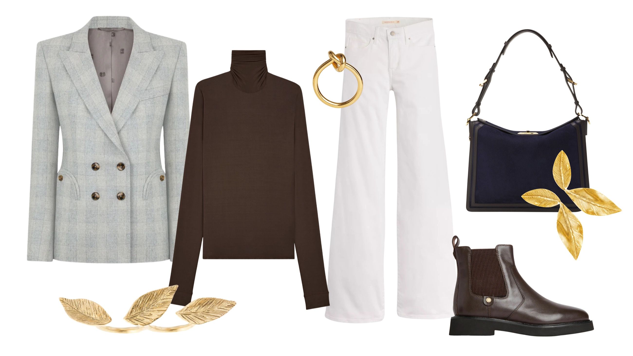 Blazer, Blazé Milano; dolcevita, Saint Laurent; jeans, Levi’s; stivaletto, Barbour; borsa, Lanvin; anello con nodo, Celine; orecchini e anello con foglie, Giulia Barela