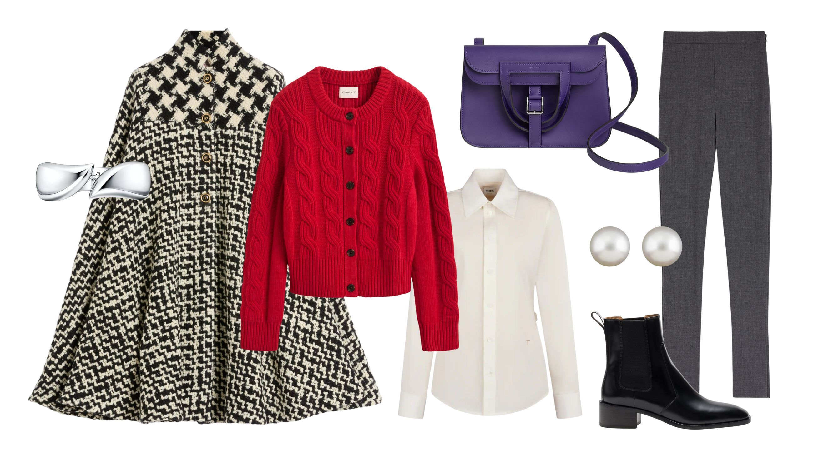 Cappa, Valentino; cardigan, Gant; camicia, Tod’s; leggings, Jil Sander; stivaletti, Church’s; borsa, Hermès; orecchini, Salvini; anello, Collezione Elsa Peretti per Tiffany&Co.
