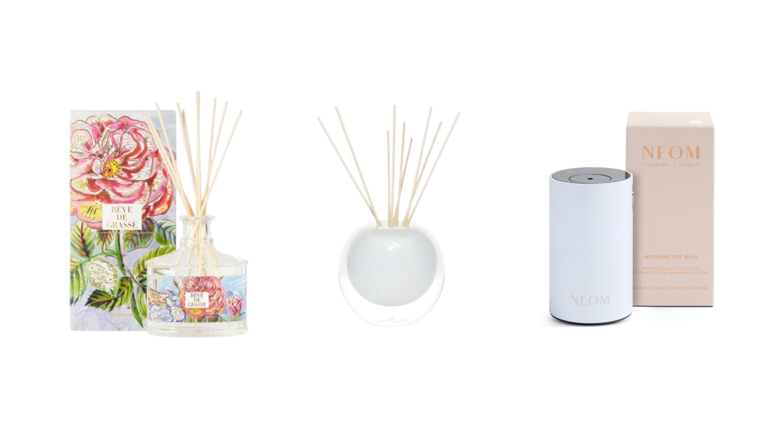 Da sinistra: Fragonard, Diffusore Rêve de Grasse; Abaton, Diffusore Fior di Chinotto; Neom Wellbeing, Pod Mini Essential Oil Diffuser - Courtesy Press Office 