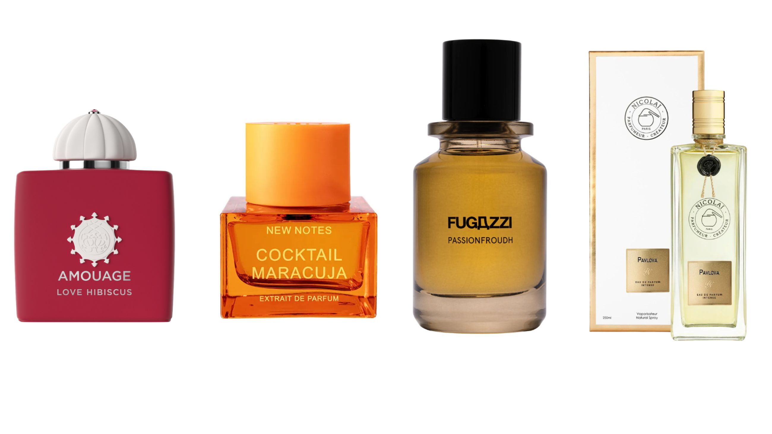 Da sinistra: Amougae, Love Hibiscus; New Notes, Cocktail Maracuja; Fugazzi, Passionfroudh; Nicolai Parfumeur, Pavlova - Courtesy Press Office