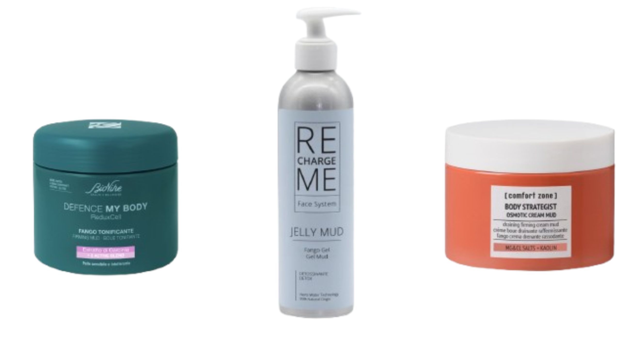 Da sinistra: Bionike, Defence My Body ReduxCELL Fango Tonificante; Recharge Me System, Jelly Mud; Comfort Zone, Body Strategist Osmotic Cream Mud - Credits Courtesy Press Office