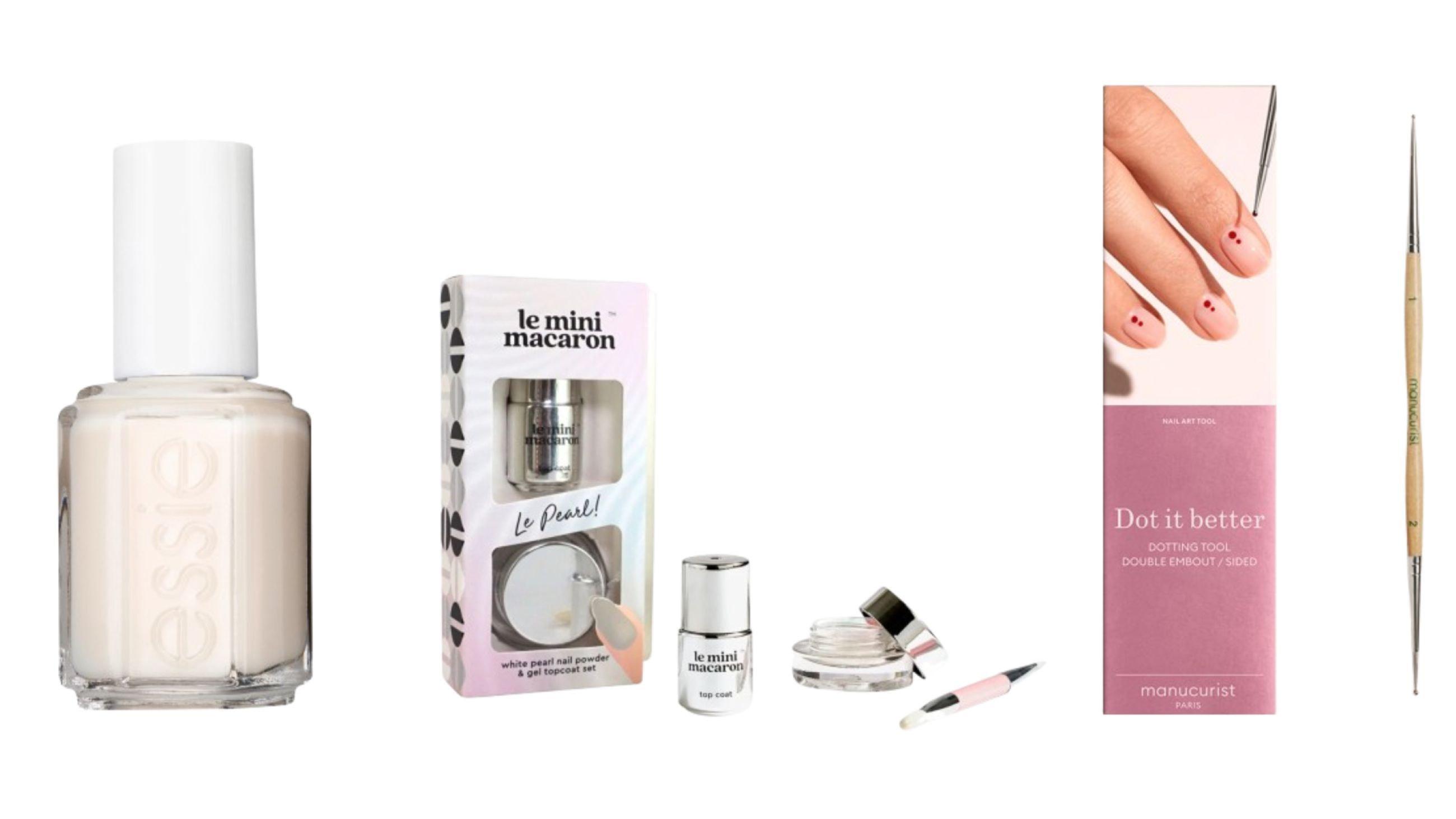 Da sinistra: Essie, Nail Polish Allure; Le Mini Macaron, Le Pearl Set; Manucurist, Dotting Tool - Courtesy Press Office 