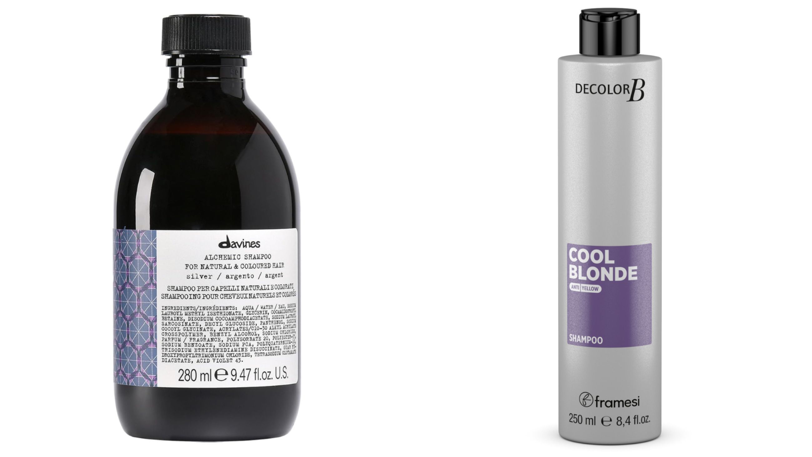 Da sinistra: Davines, Alchemic Shampoo Silver ; Framesi, DecolorB Cool Blonde - Courtesy Brand/Press Office
