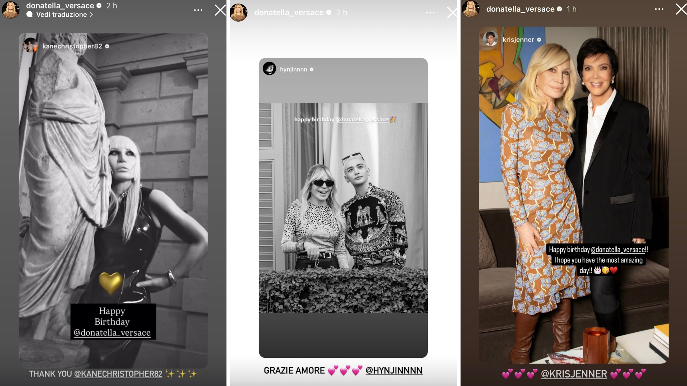 Dalle storie Instagram di Donatella Versace, alcuni repost di auguri degli amici più stretti