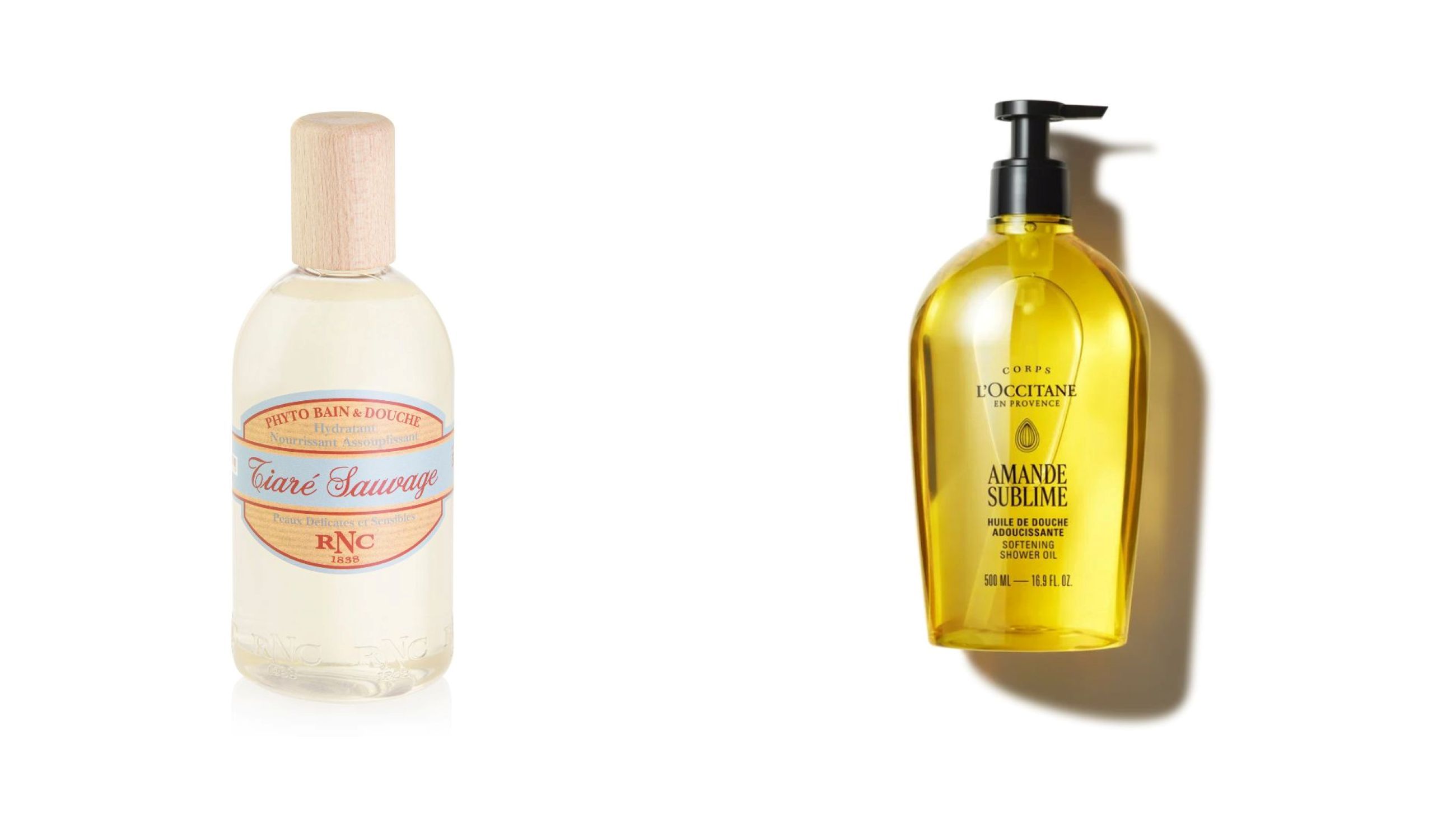 RNC 1838, Tiaré Sauvage Phyto Bain et Douche; L'Occitane, Amande Sublime Shower Oil - Credits: Courtesy Press Office
