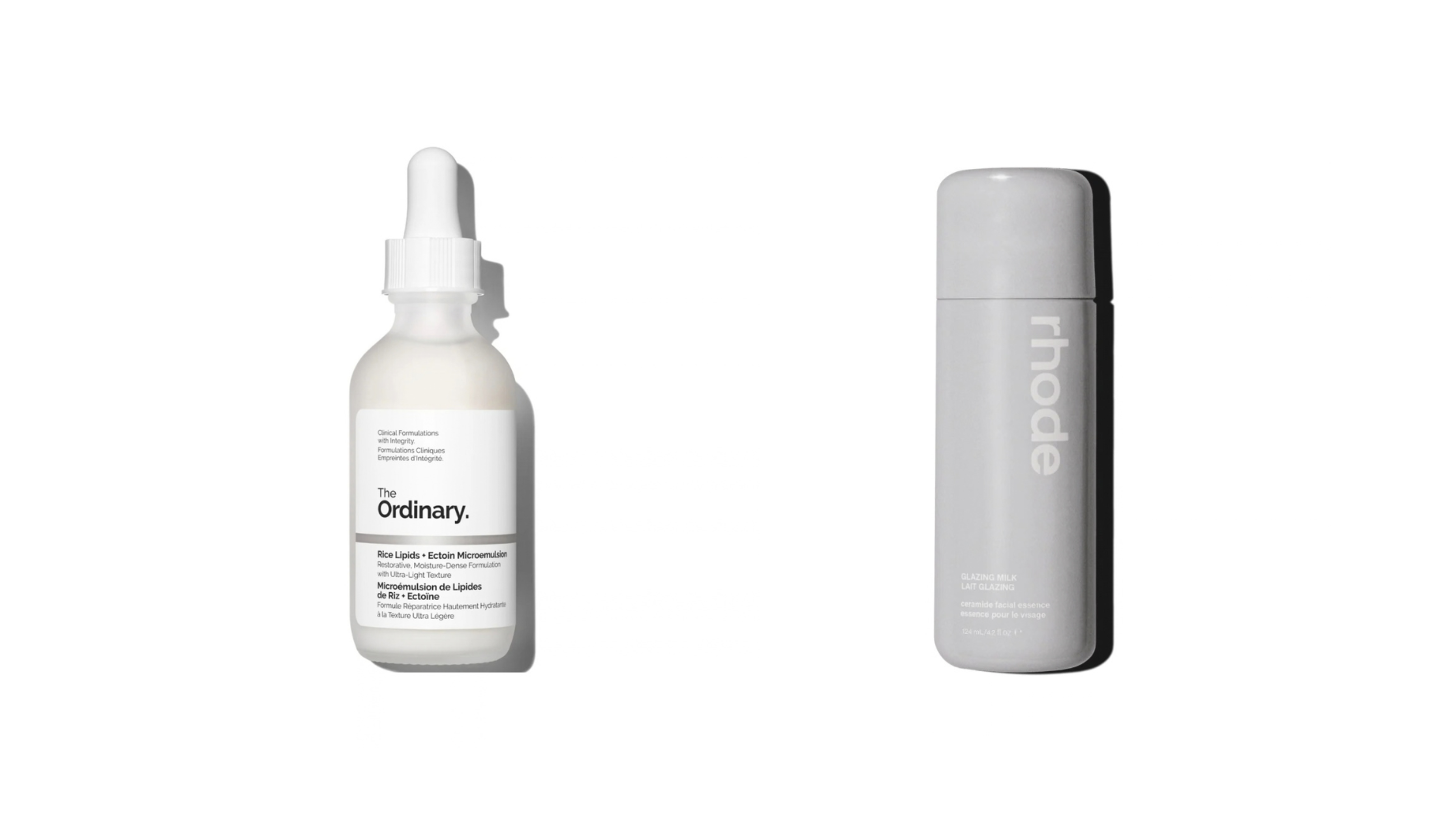 Da sinistra: The Ordinary, Rice Lipids Ectoin Microemulsion; Rhode, Glazing Milk - Courtesy Press Office 