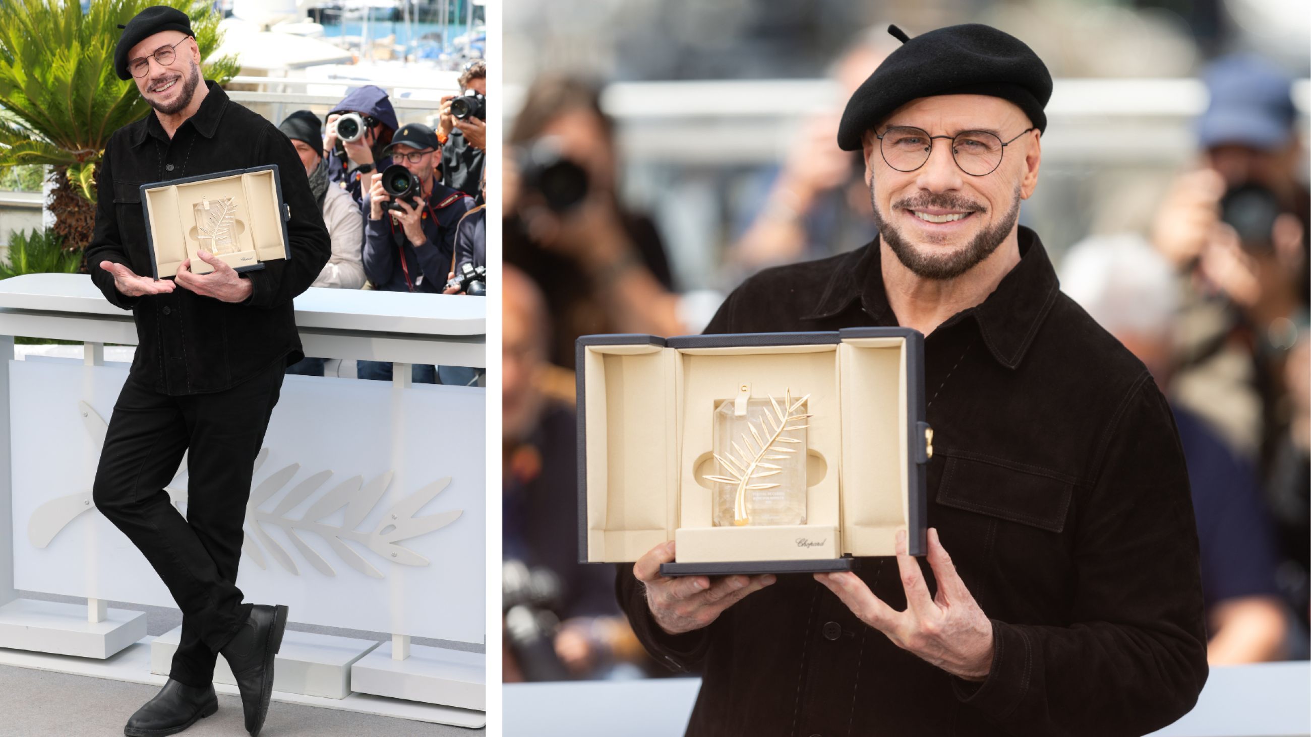 John Travolta posa con la sua Palma d'Oro onoraria durante il photocall di "Propeller One-Way Night Coach" al 79º Festival di Cannes, 2026 - Credits Getty Images