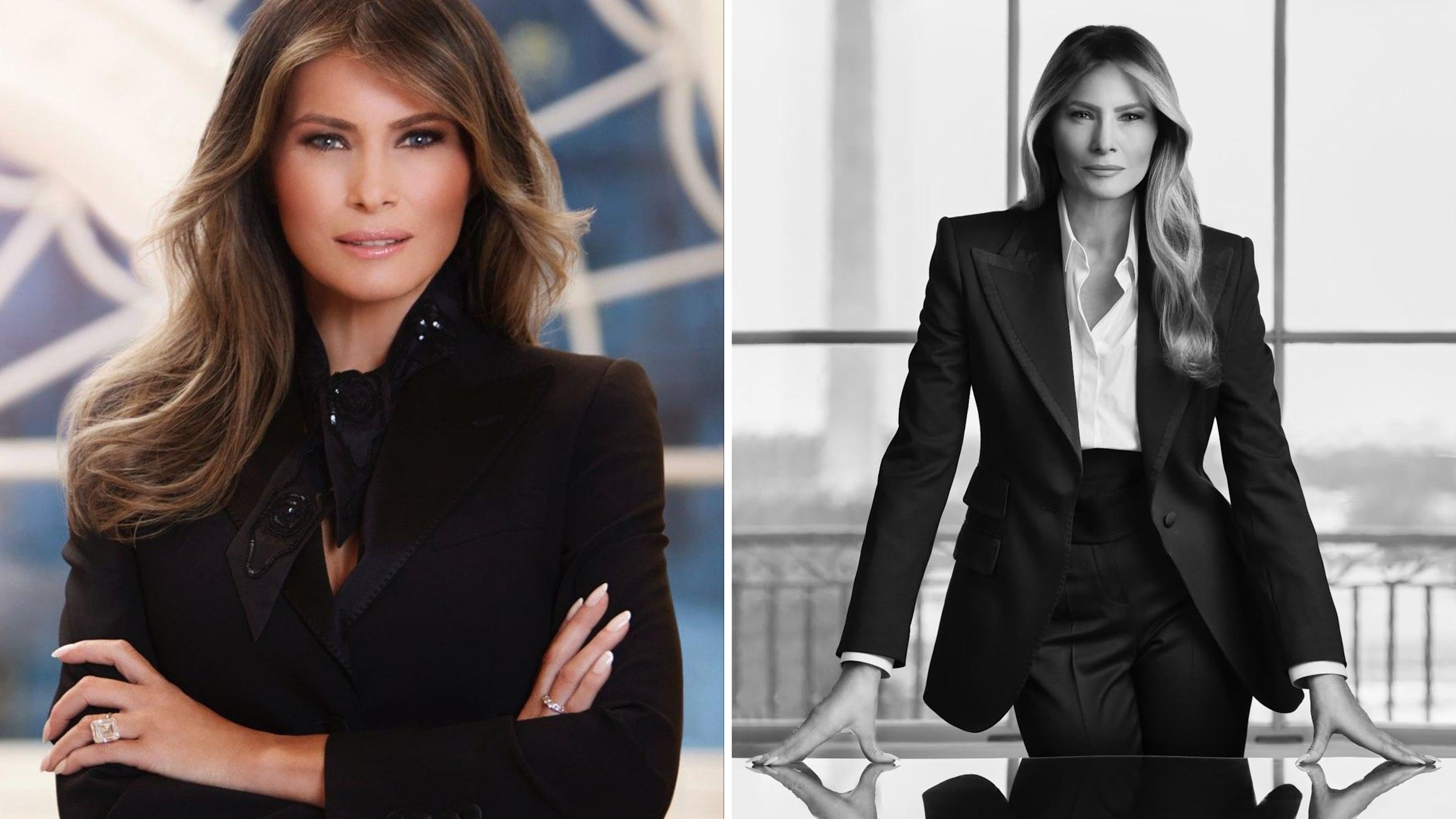 I ritratti ufficiali della First Lady Melania Trump: a sinistra quello del 2017, a destra quello del 2025 - Credits: foto a destra dall’account Instagram della Flotus
