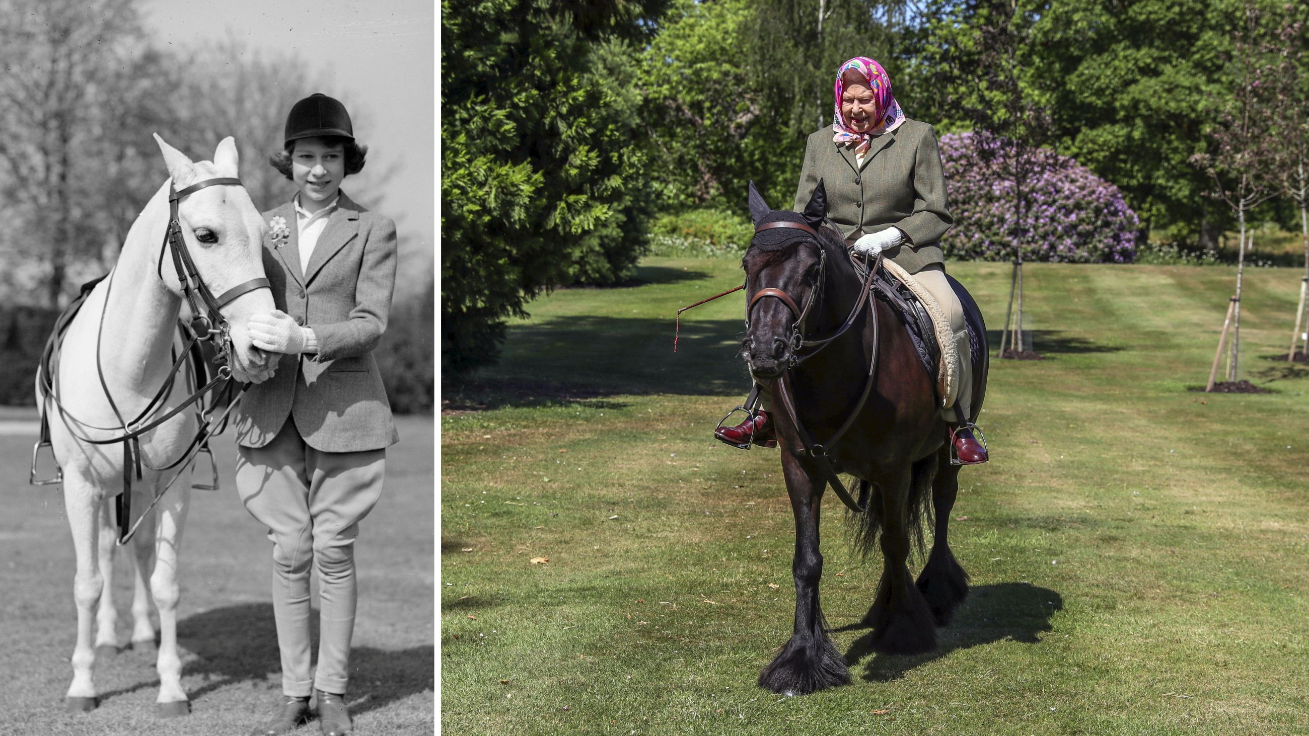 A sinistra, Elisabetta da bambina con il suo pony nel Windsor Great Park, Berkshire; 1939 – A destra, la Regina Elisabetta II cavalca Balmoral Fern, un Fell Pony di 14 anni, nel Windsor Home Park; 2020 - Credits: Getty Images