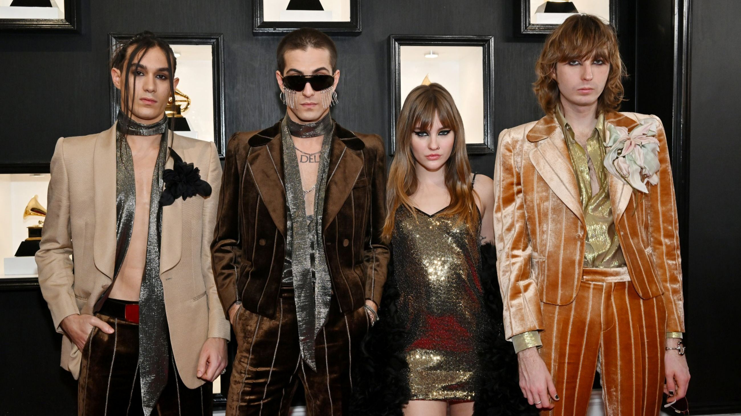 Ethan Torchio, Damiano David, Victoria De Angelis e Thomas Raggi dei Måneskin al 65° GRAMMY Awards a Los Angelese il 5 febbraio 2023 - Credits: Getty Images 