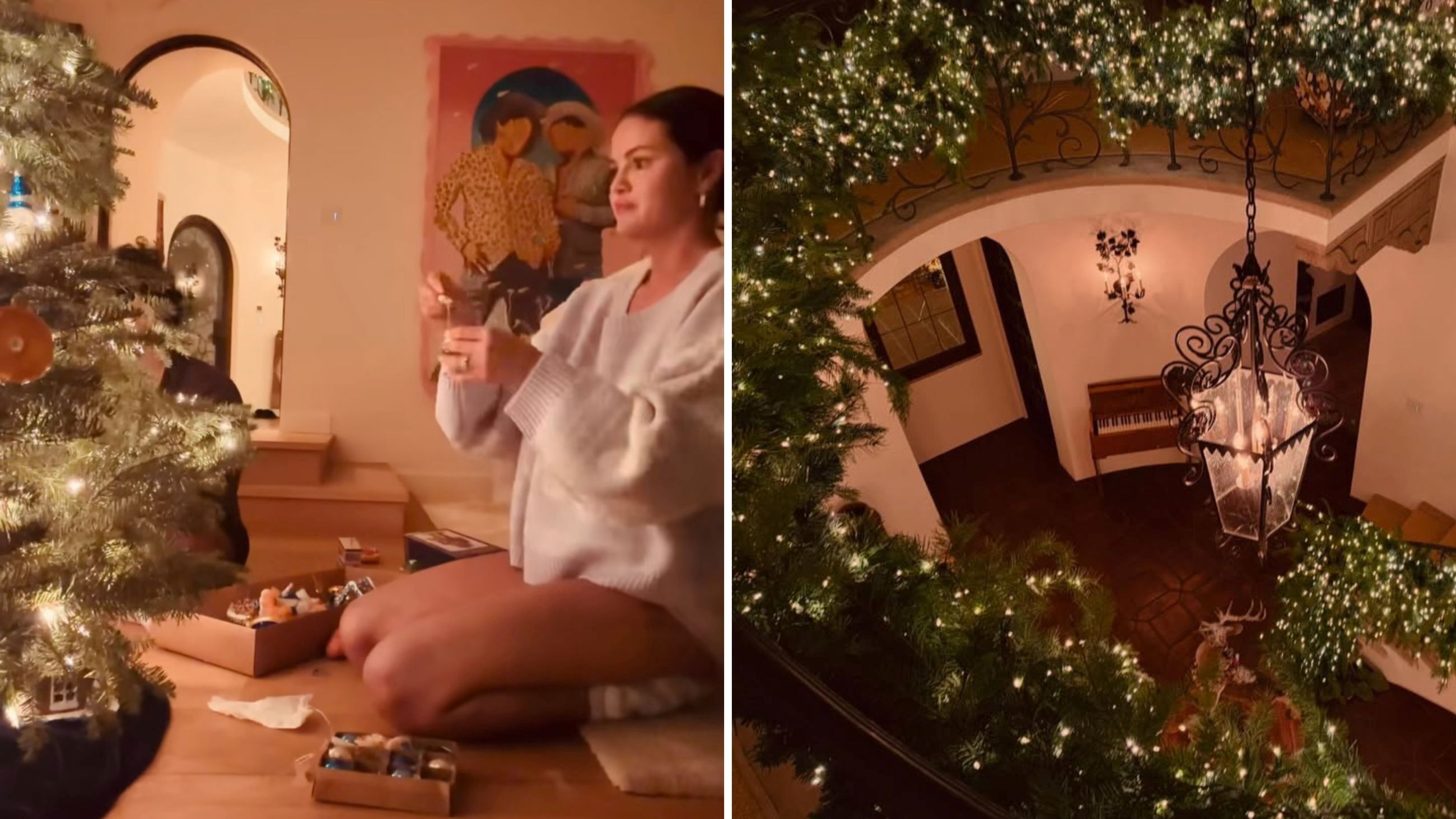 Negli screenshot tratti da un reel pubblicato da Selena Gomez sul suo profilo Instagram, la cantante appare seduta ai piedi dell’albero di Natale, intenta a decorarlo insieme al marito Benny Blanco - Credits: profilo Instagram di Selena Gomez