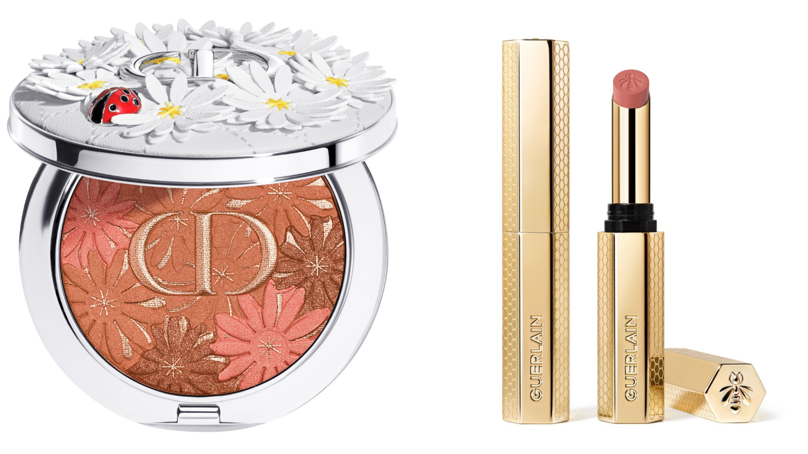 Da sinistra: Dior, Forever Nude Bronze Glow; Guerlain, Kisskiss Proof Honey Lipstick – Courtesy Press Office