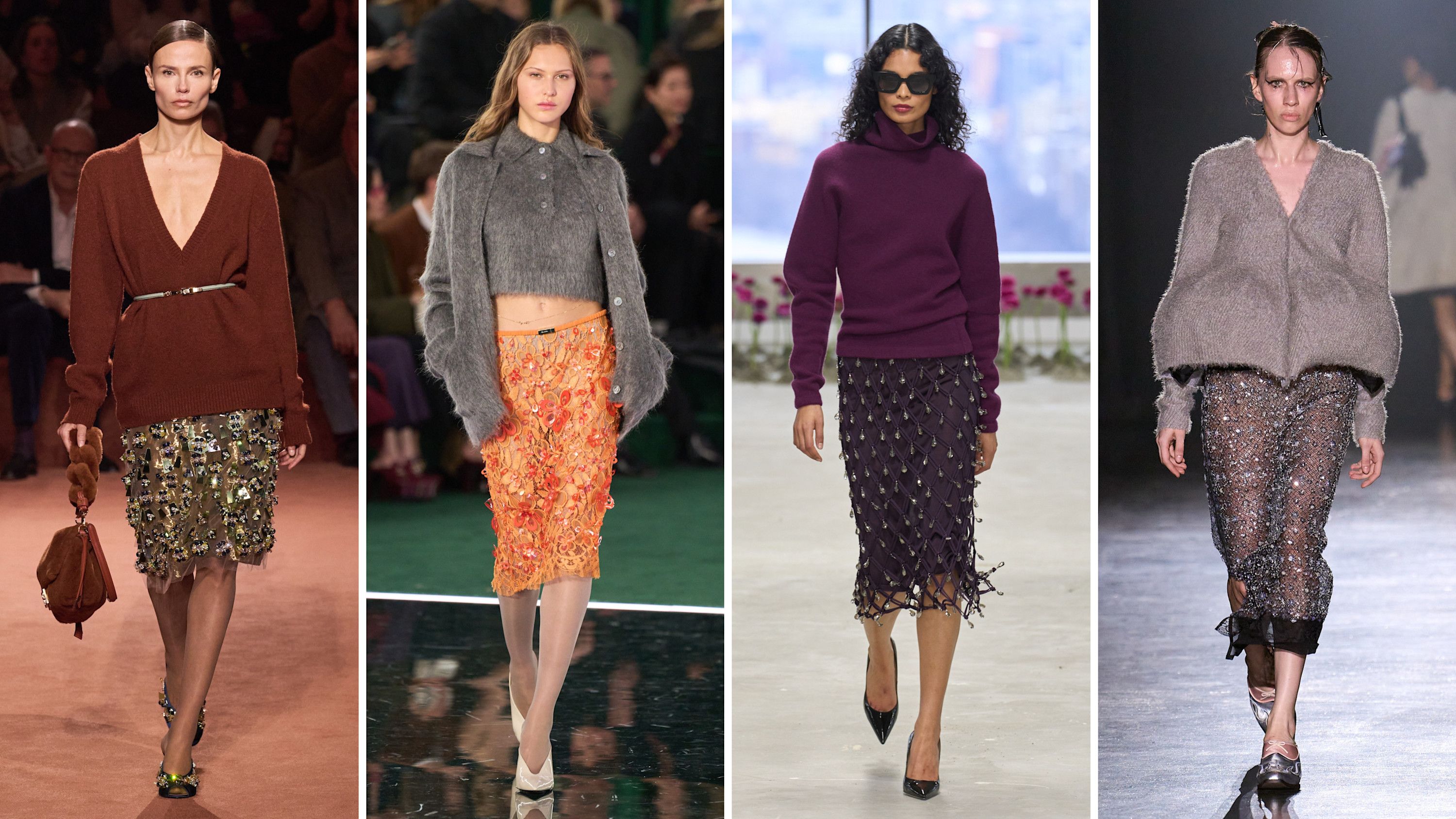 Da sinistra alcune mises dalle passerelle FW2526 di Fendi, Gucci, Carolina Herrera e Chika Kisada - Credits: Launchmetrics.com/Spotlight