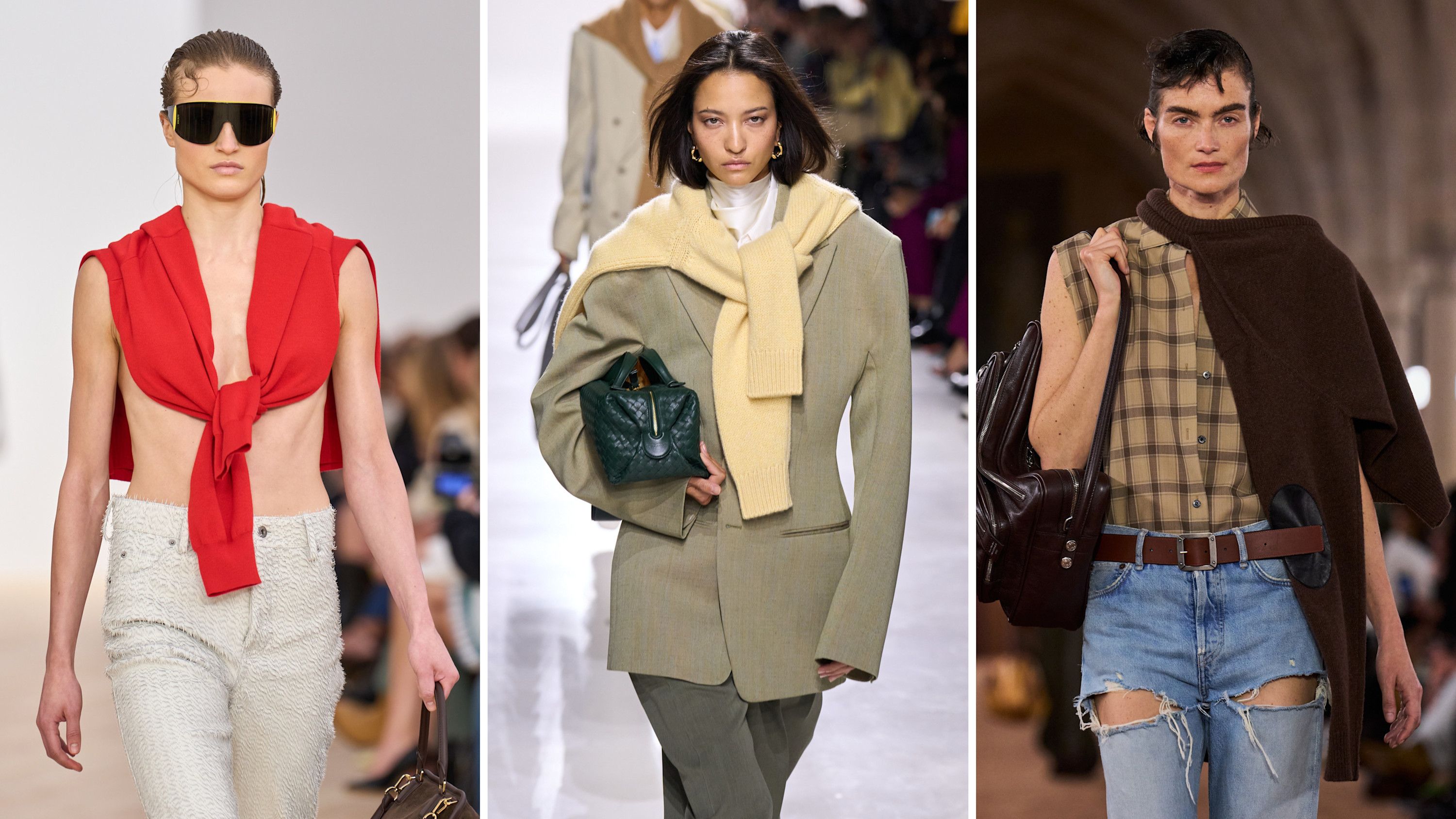 Da sinistra, look di Loewe, Bottega Veneta e Acne Studios dalle collezioni PE26 - Credits: Launchmetrics.com/Spotlight
