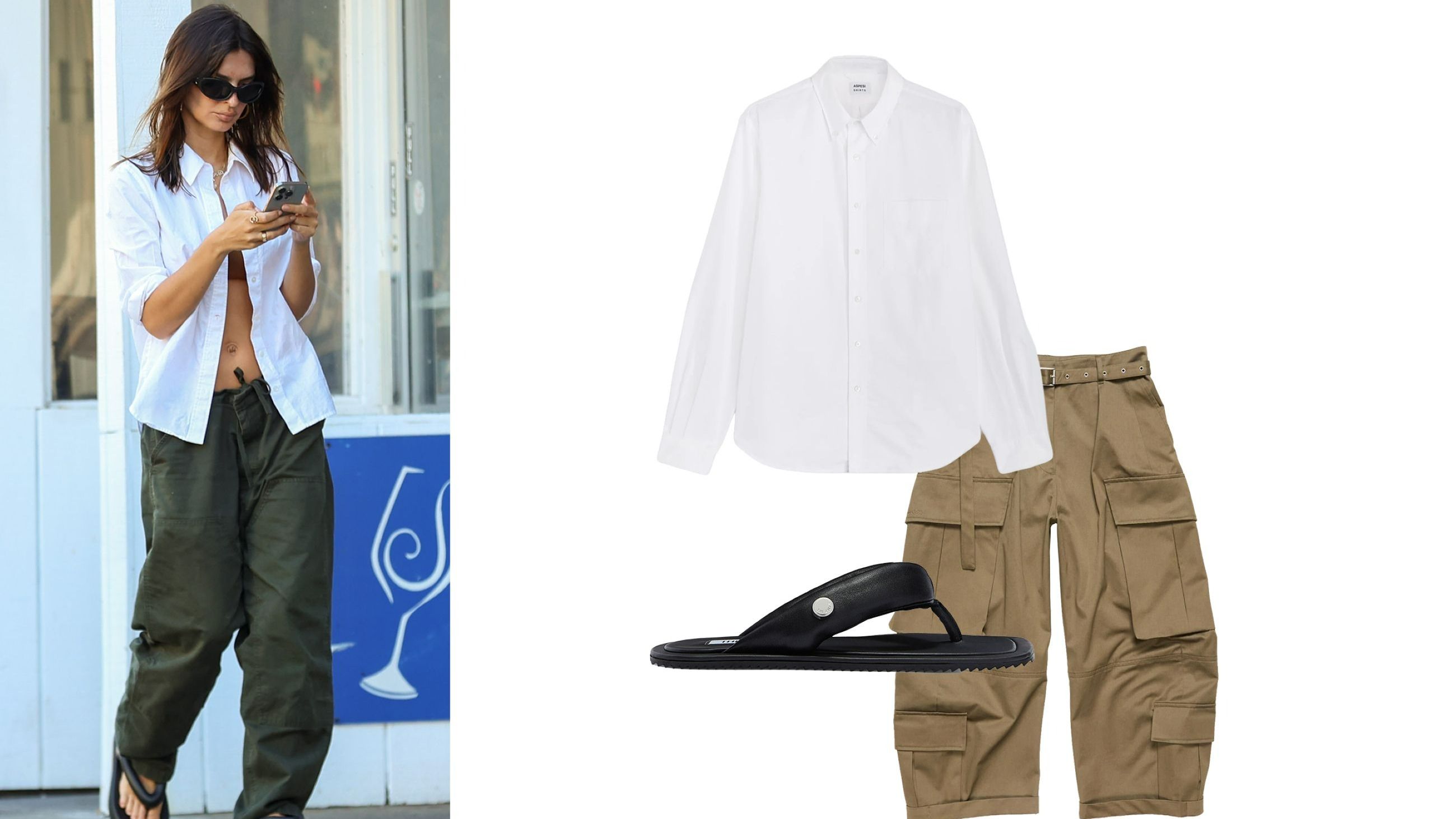 A sinistra: Emily Ratajkowski in cargo pants - Credits Getty Images. Per imitare il suo stile: pantaloni Acne Studios, camicia Aspesi, infradito The Attico - Courtesy Brand/Press Office 