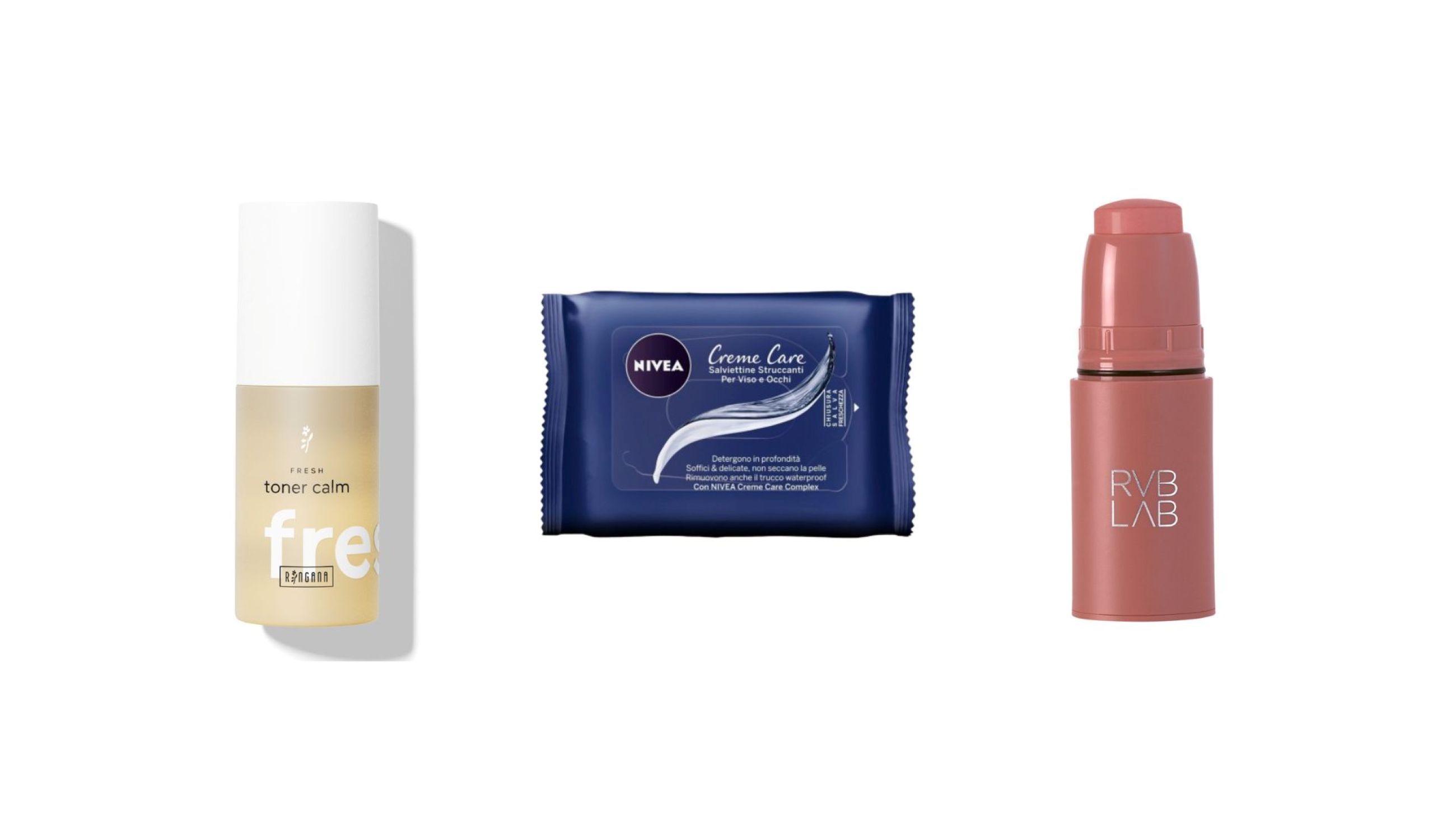 Ringana, Fresh Toner Calm; Nivea, Creme Care Salviette Struccanti Viso e Occhi; RVB Lab, Skin Balm Stick - Credits: Courtesy Press Office