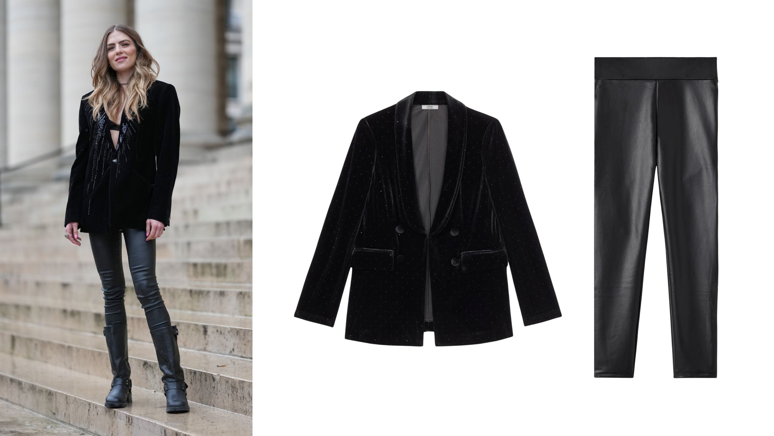 Da sinistra: Street style - Credits: Getty Images; blazer Blazé Milano, leggings Saint Laurent