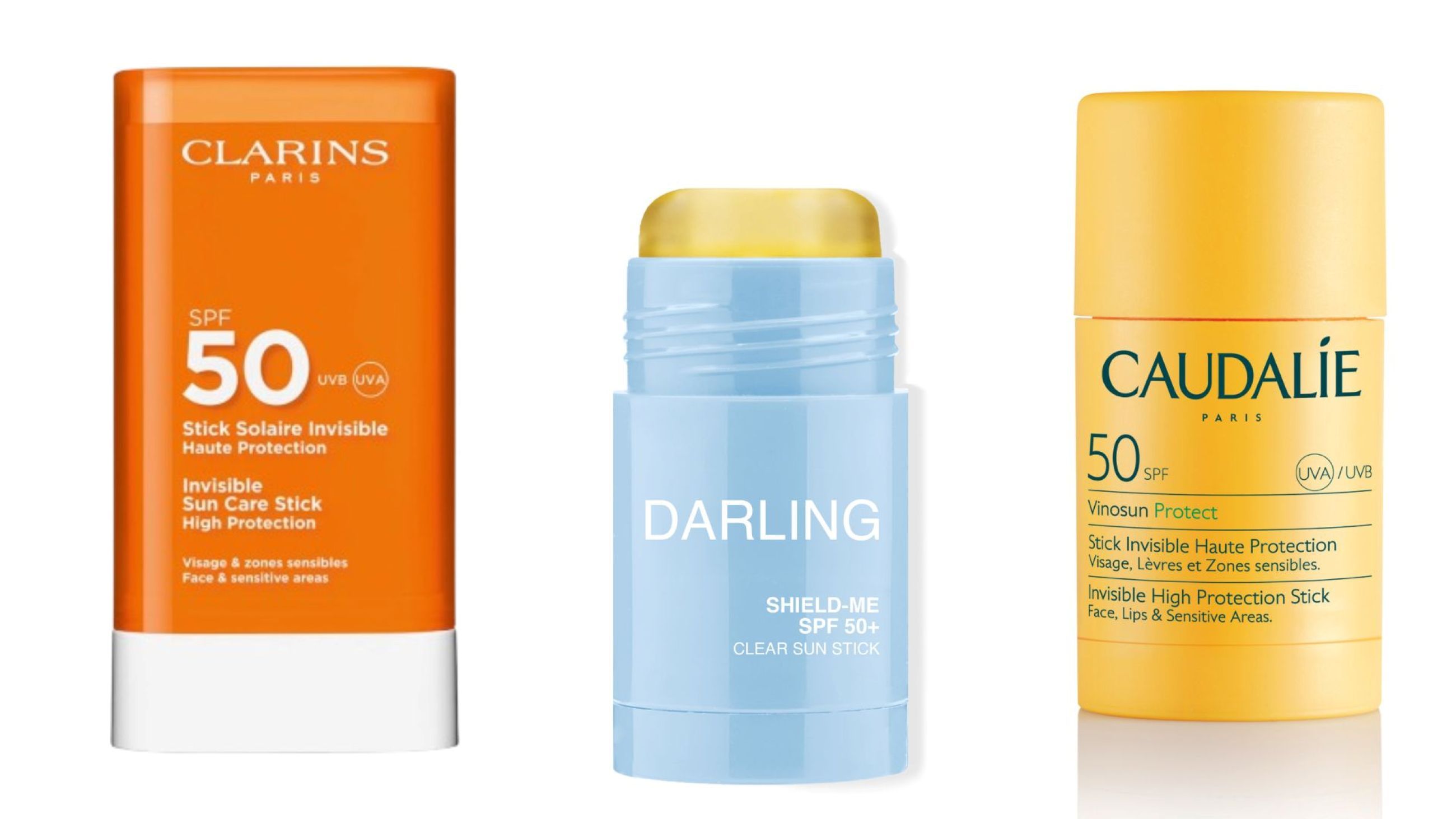 Clarins, Stick Solare Invisibile SPF50; Darling, Shield-Me SPF50+; Caudalie, Vinosun Protect SPF50 - Credits: Courtesy Press Office