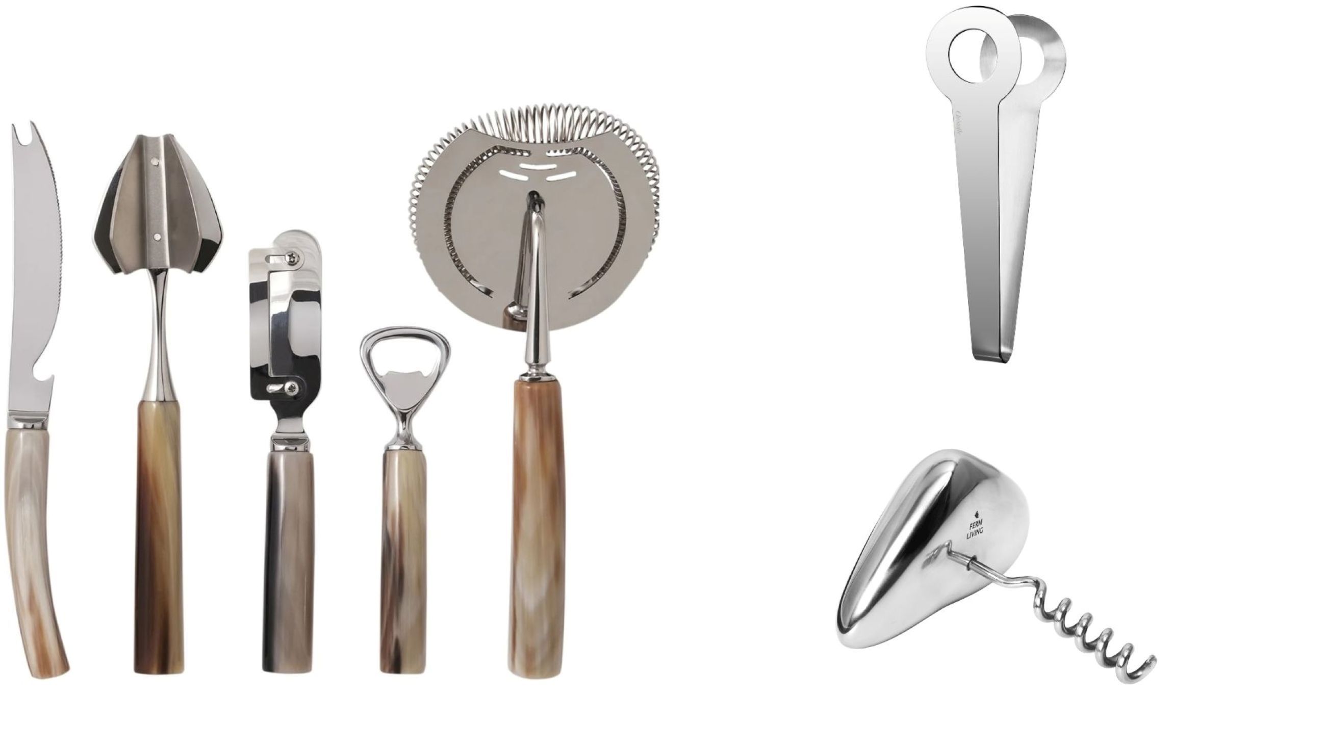 Cavatappi Orevo. Scultura da aprire; Set bar Zanchi 1952. Artigianalità d’autore; Pinze per ghiaccio Oh. Il dettaglio che brilla - Credits: Courtesy Ferm Living; Courtesy Zanchi 1952; Courtesy Christofle 