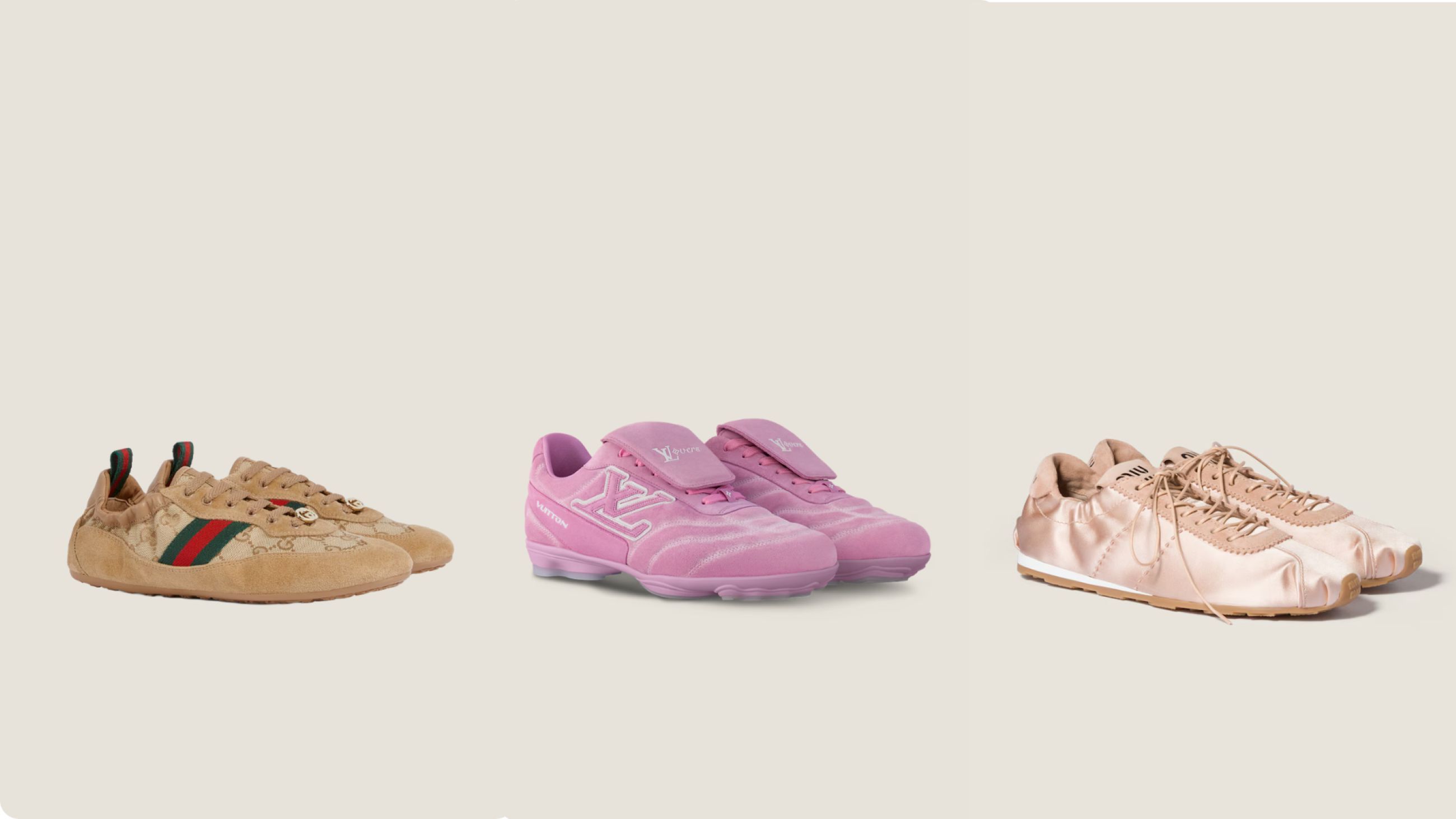 Da sinistra: Gucci; Louis Vuitton; Miu Miu SS26 