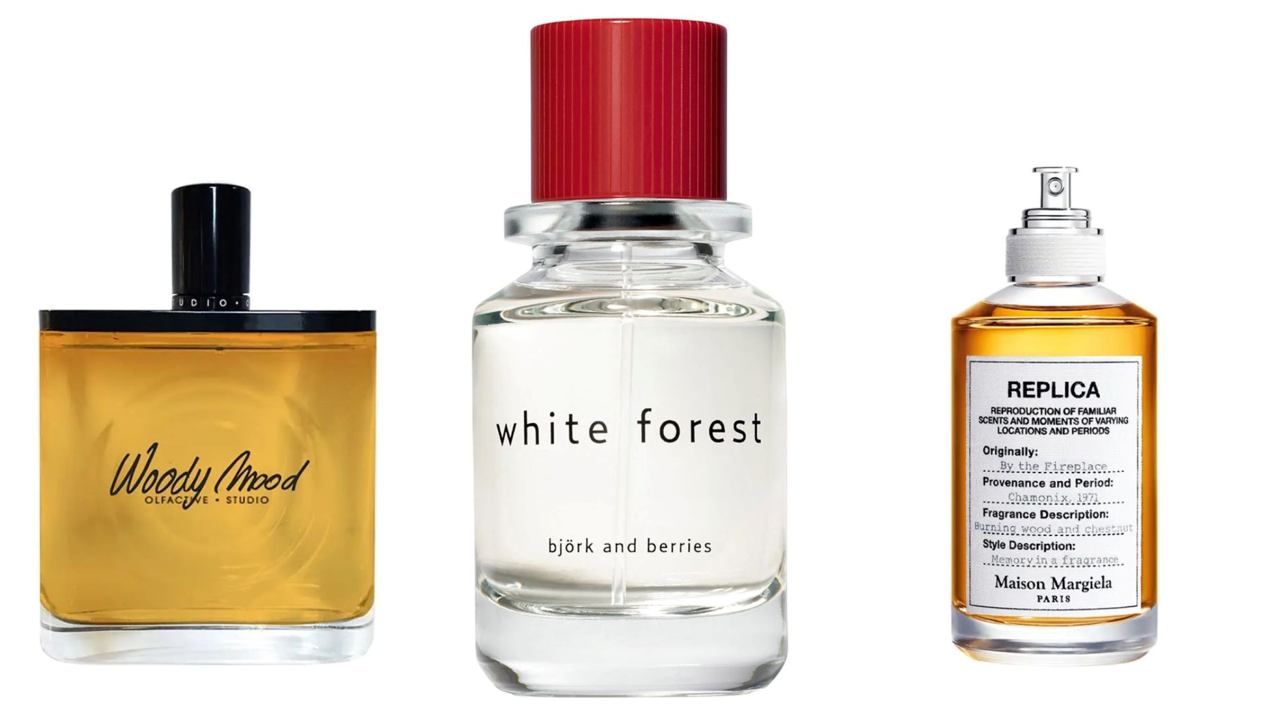 Da sinistra: Olfactive Studio, Woody Mood; Bjork and Berries, White Forest; Maison Margiela Replica, By The Fireplace - Courtesy Press Office