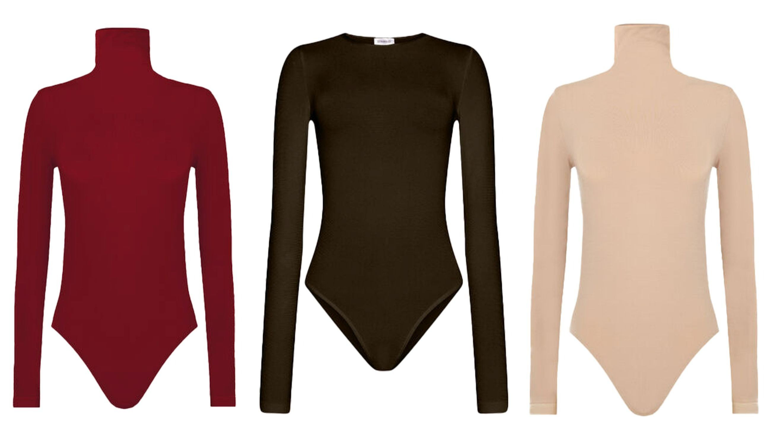 Di Wolford, a sinistra e a destra i modelli Seamless Wool String in tonalità rosso crimson e pink salt. Al centro, il Berlin Body in nuance dark wood – Credits: www.wolford.com