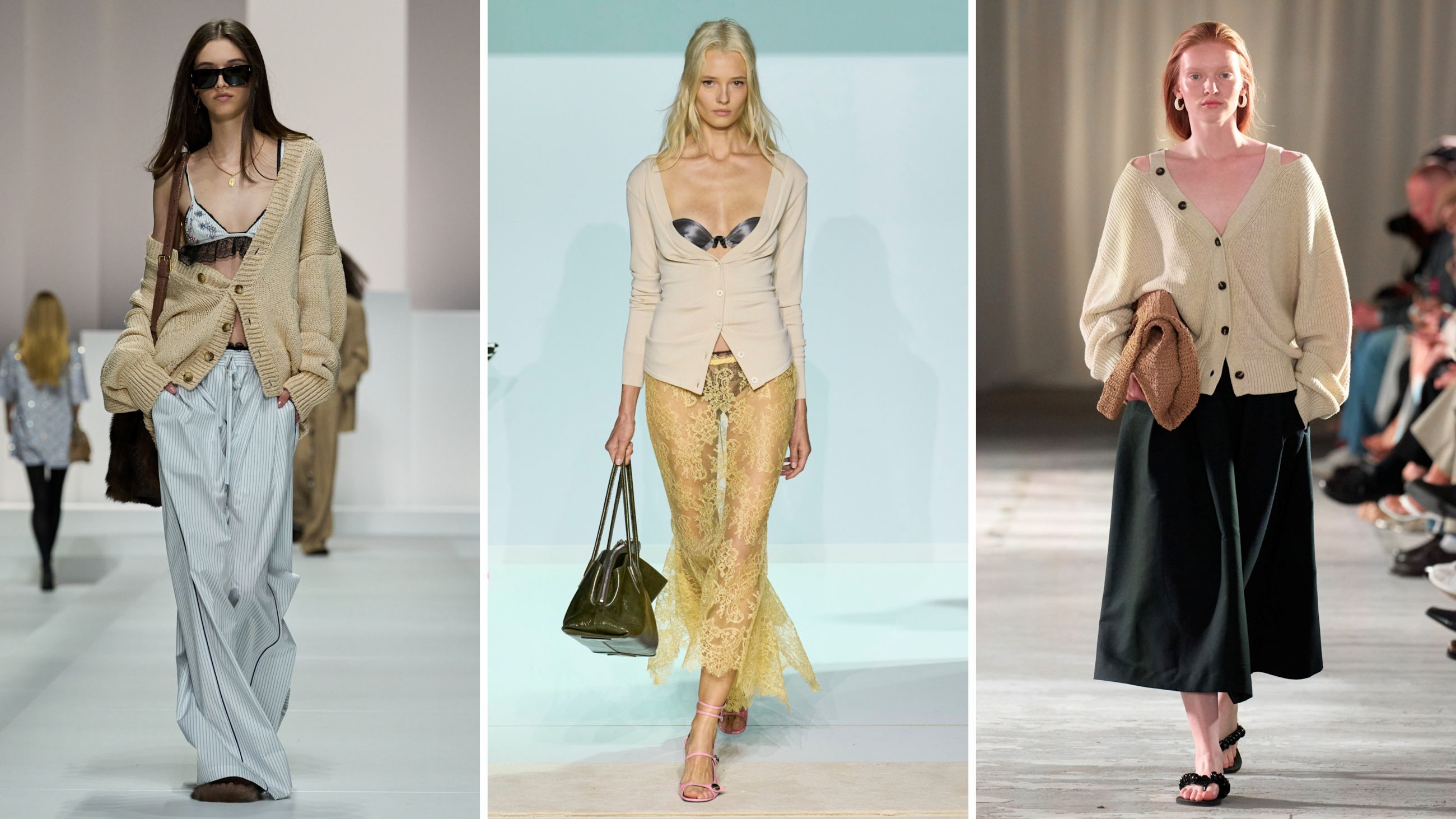 Ampi e leggeri, i cardigan nei toni neutri, anche oversize, sono il passepartout cromatico per accompagnare i look delle sere di primavera. Dalle collezioni PE26: da sinistra outfit Dolce&Gabbana; The Attico; CMMN - Credits: Launchmetrics.com/Spotlight
