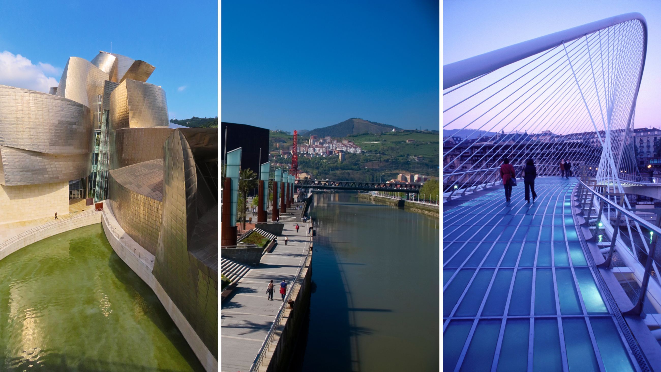 Da sinistra: Guggenheim Museum di Bilbao; Fiume Nervion di Bilbao; Ponte Calatrava di Bilbao - Credits Getty Images