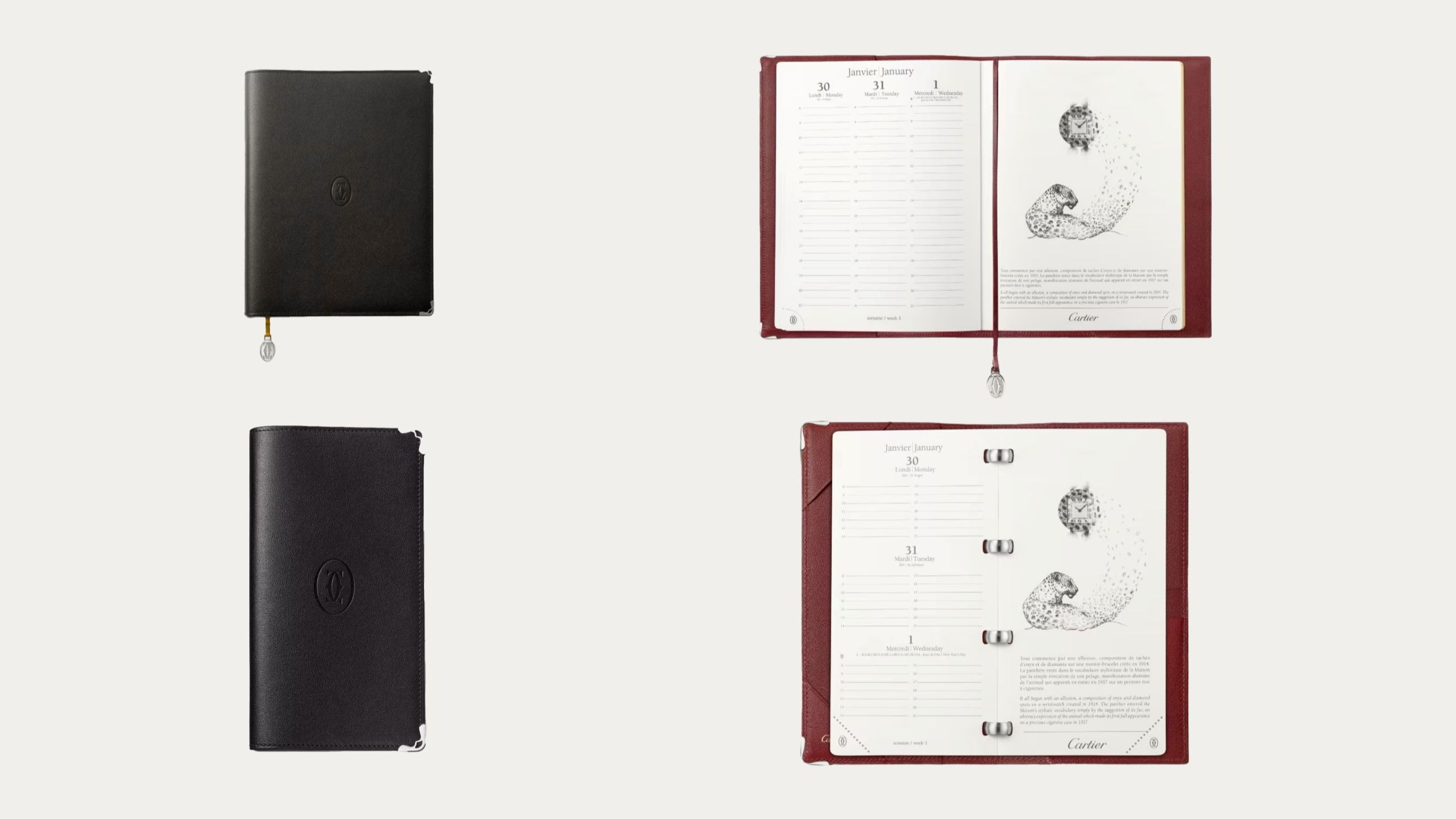 Agende firmate Cartier: in alto, il modello Must de Cartier grande e tascabile, in basso, la versione da scrivania - Credits: www.cartier.com 