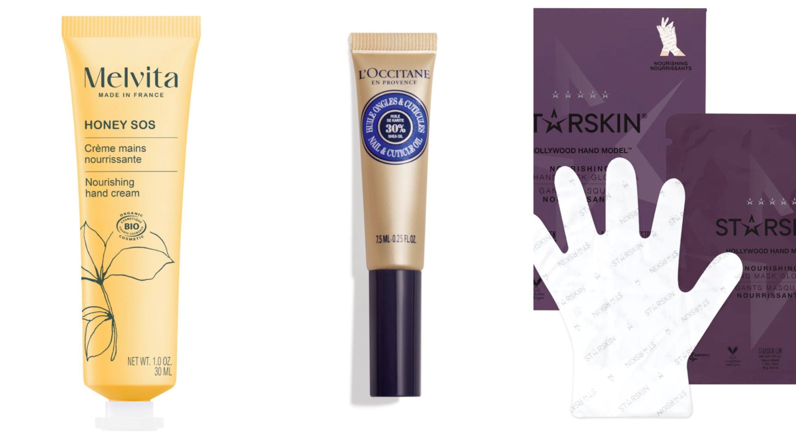 Melvita, Crema Mani Nutriente Honey SOS; L'Occitane, Olio Unghie e Cuticole; Starskin, Hollywood Hand Model - Credits: Courtesy Press Office