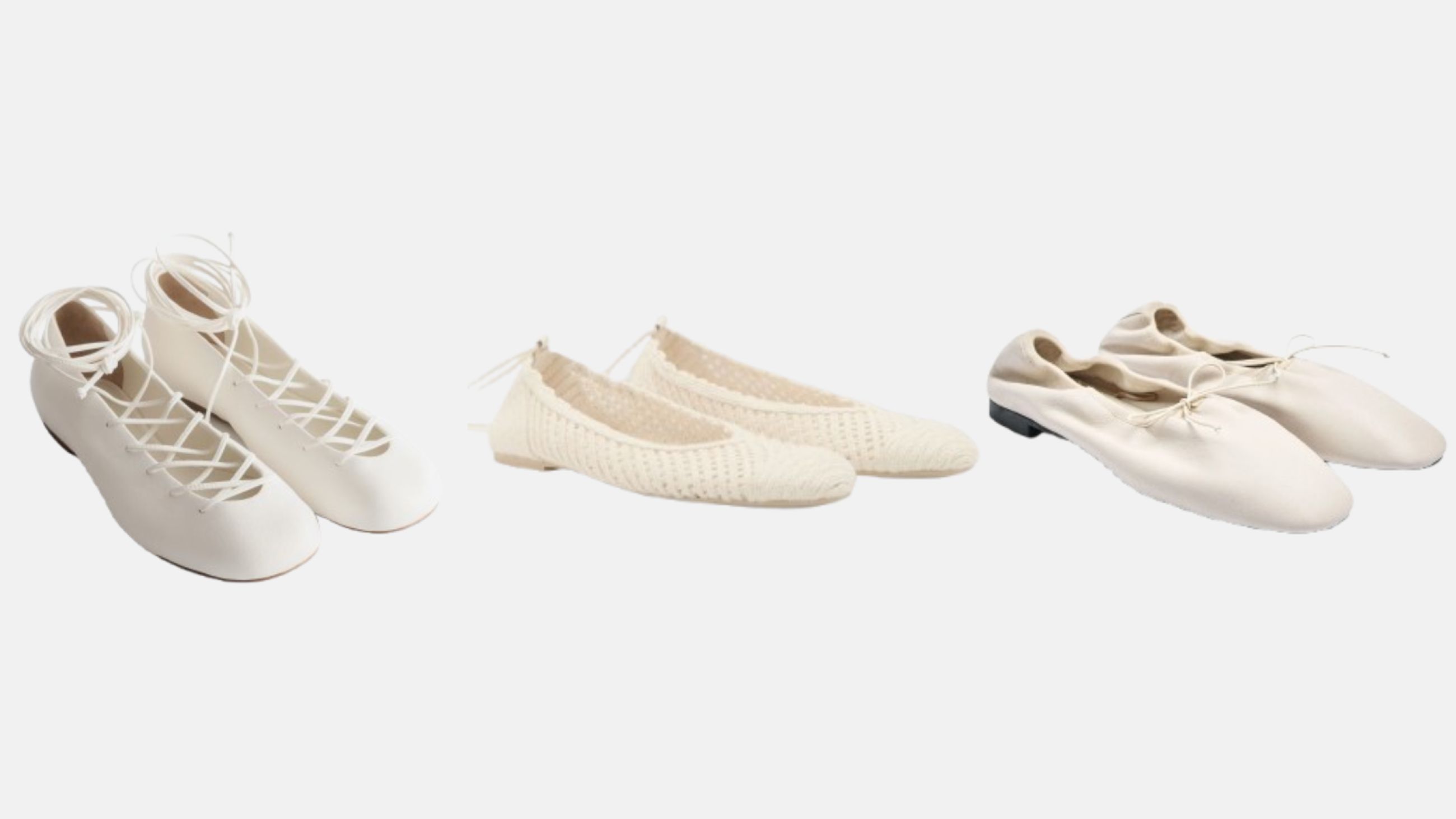 Da sinistra: scarpe bianche ballerine & Other Stories; scarpe bianche ballerine Mango; scarpe bianche ballerine Parfois - Courtesy Press Office
