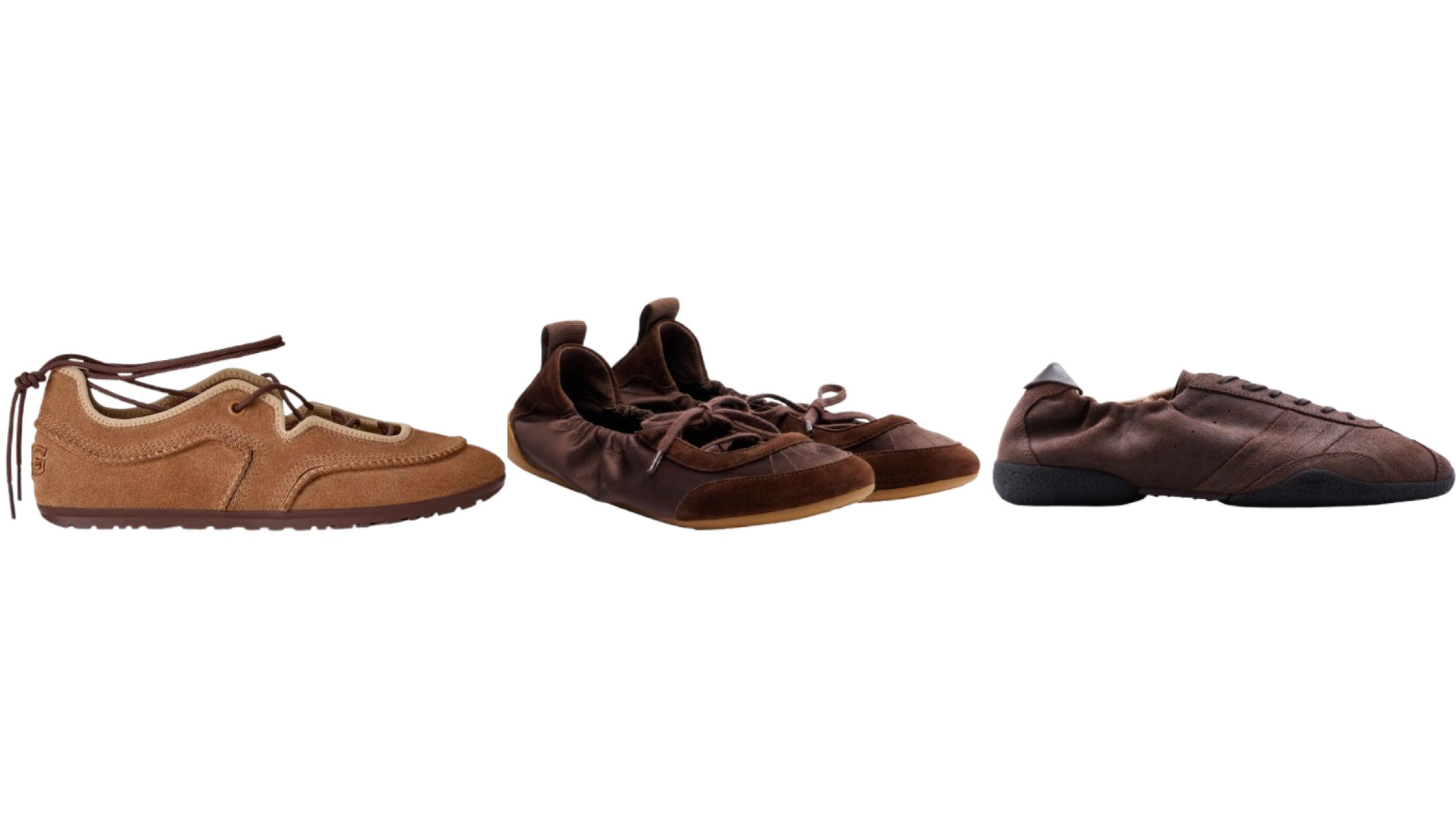 Da sinistra: Sneakers Ballerina Camoscio UGG; Sneakers Ballerina Camoscio Chloè; Ballerina Sneaker Pane - Credits Press Office
