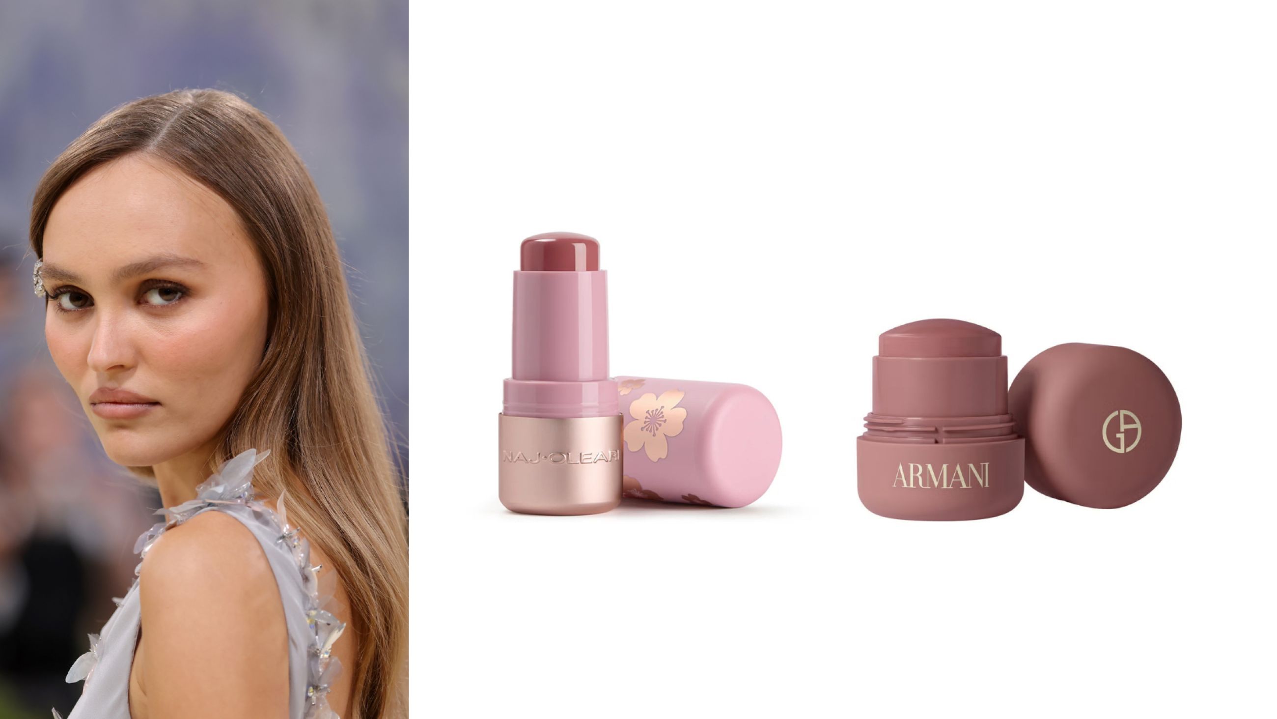 Da sinistra: Lily Rose Depp - Credits Getty Images; Naj Oleari, Bloom Blush; Giorgio Armani, Dolci Blush - Courtesy Press Office