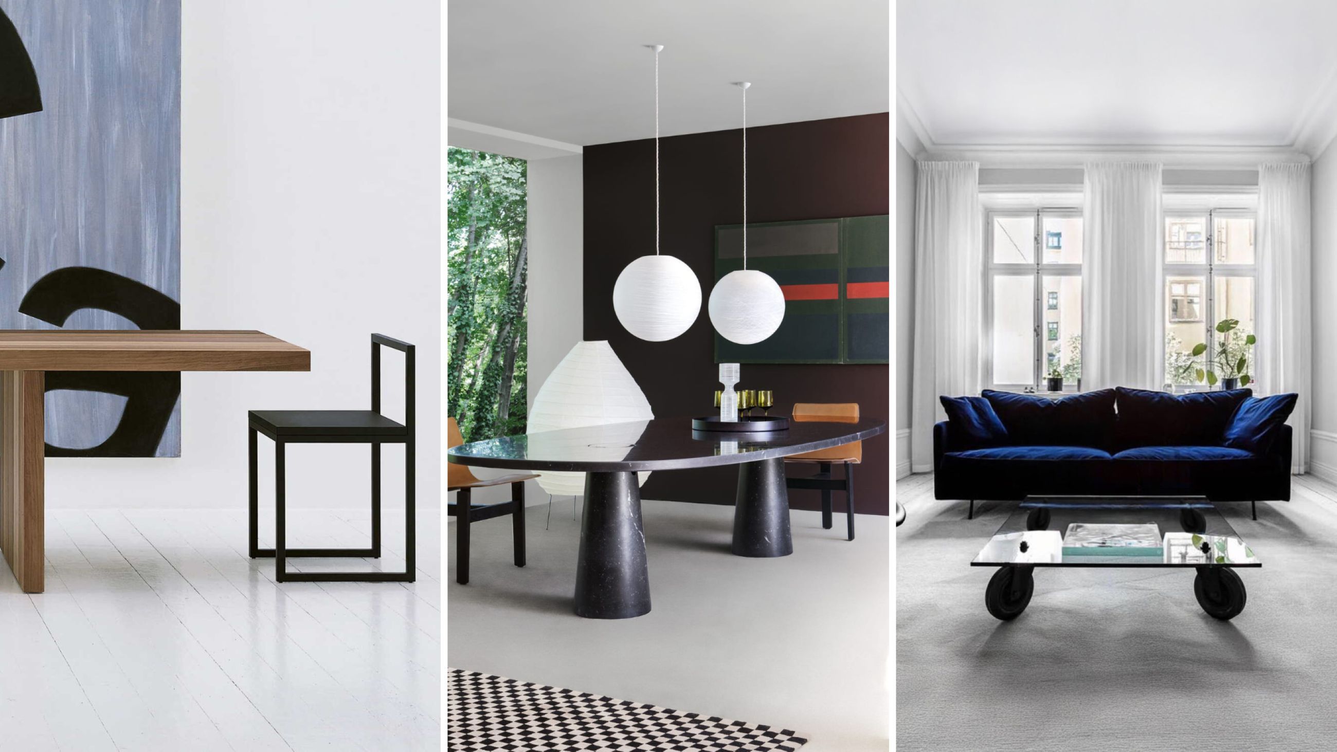 Da sinistra: Sedia '64, AG Fronzoni, Cappellini - Courtesy Cappellini; Tavolo Eros, Angelo Mangiarotti, Agape - Courtesy Agapecasa; Tavolo con ruote, Gae Aulenti, FontanaArte - Courtesy FontanaArte