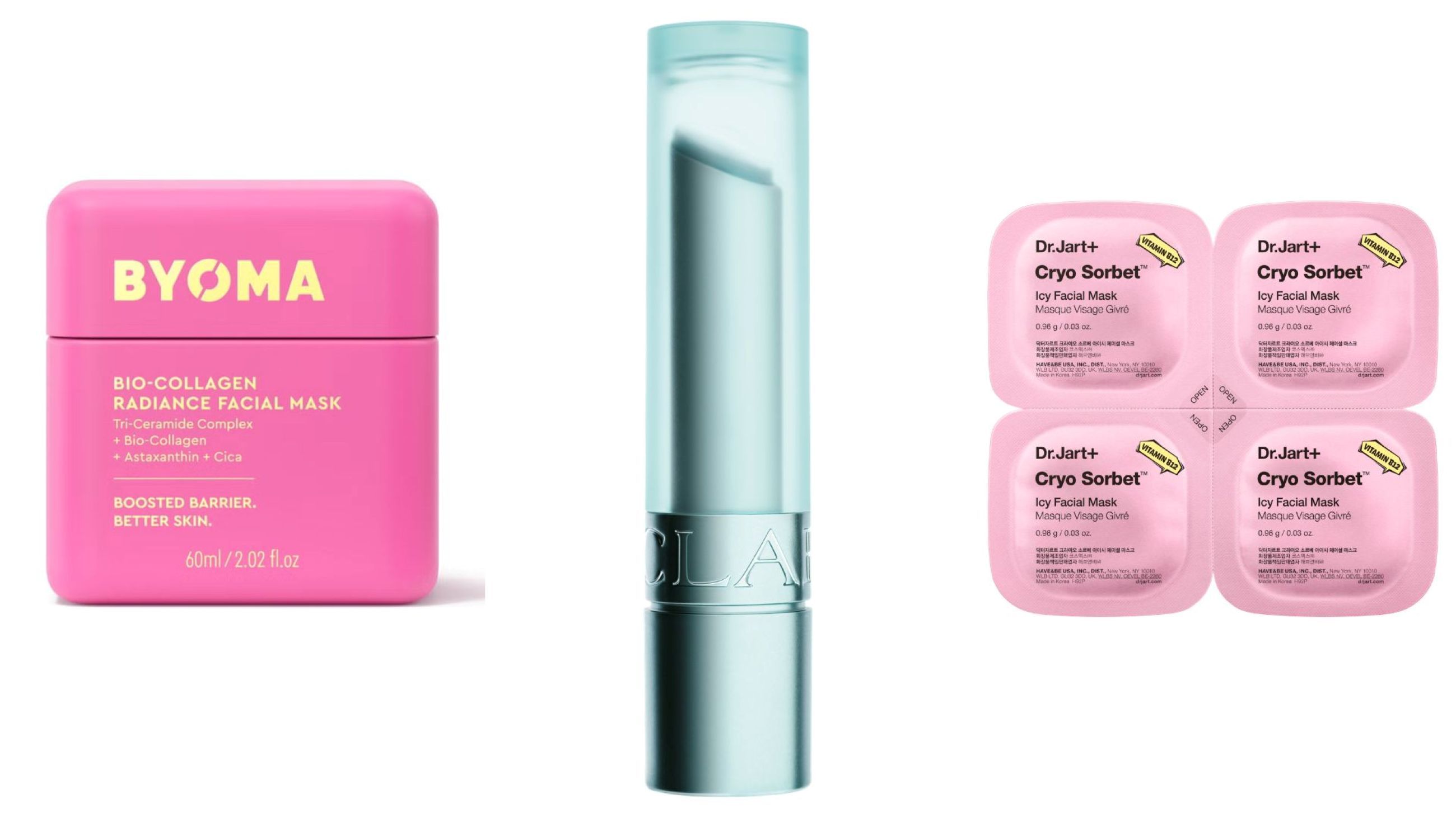 Byoma, Bio-Collagen Radiance Facial Mask; Clarins, Lip Oil Balm Cryo; Dr Jart+, Cryo Sorbet Mask - Credits: Courtesy Press Office