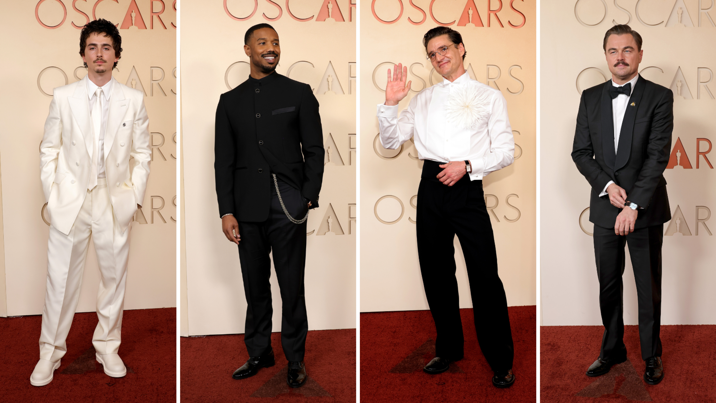Da sinistra: Timothée Chalamet; Michael B. Jordan; Pedro Pascal; Leonardo DiCaprio sul red carpet della 98ª edizione degli Oscar -Credits: Getty Images 