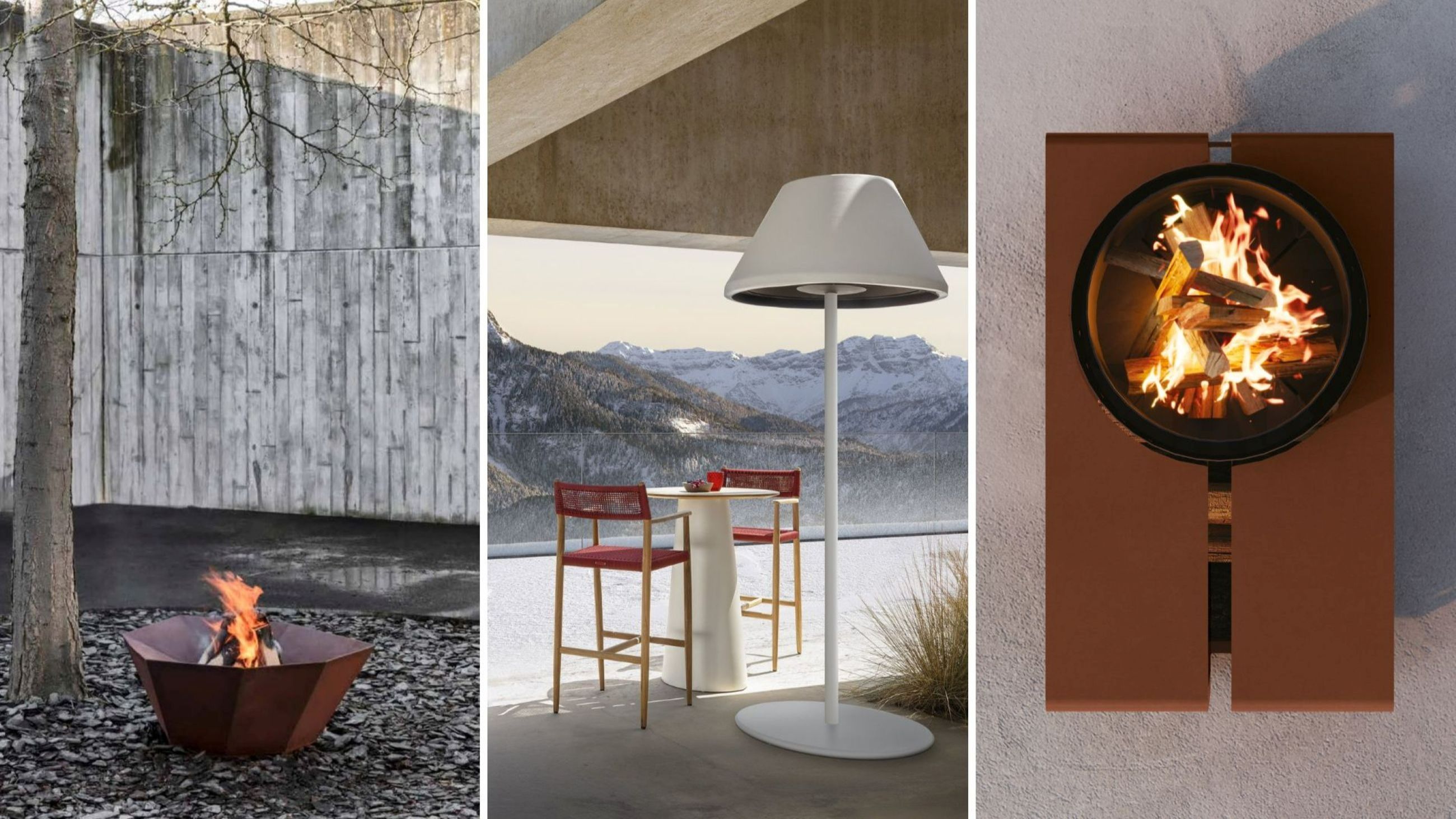 Braciere Cortina di Domani; Lampada riscaldante Tod di Talenti; Braciere Lumina di Disenia - Credits: Courtesy Domani; Courtesy Talenti; Courtesy Disenia