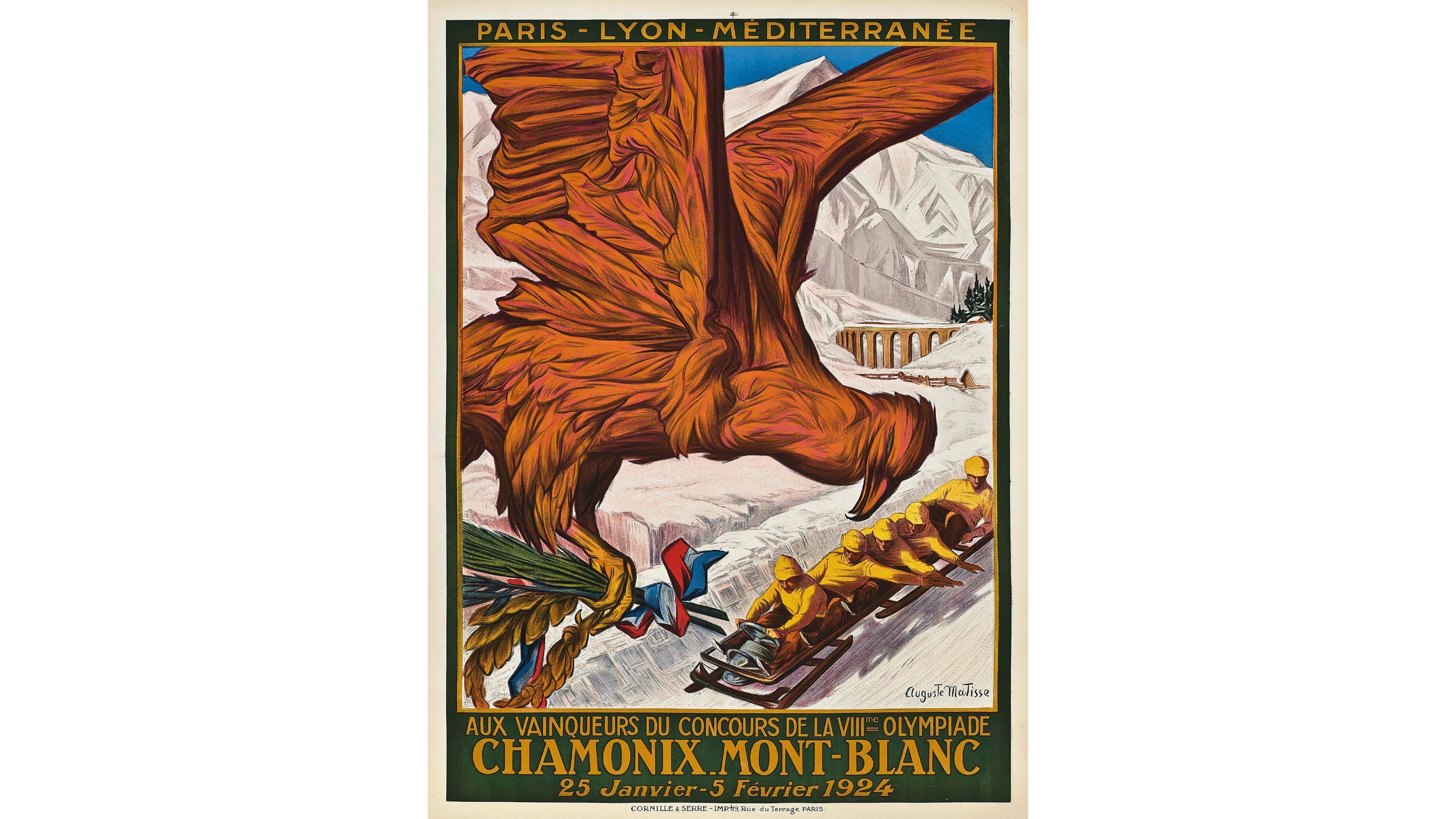 Un poster per i primi Giochi Olimpici Invernali a Chamonix, Francia, gennaio-febbraio 1924. Progettato da Auguste Matisse, il poster fu pubblicato da una compagnia ferroviaria che aveva contribuito alla costruzione delle strutture sportive. I giochi sono indicati come associati all’ottava Olimpiade - Credits: Getty Images